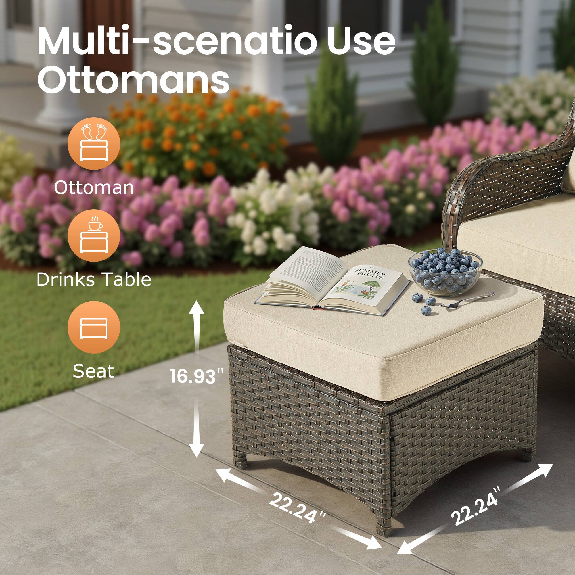 Multi-scenario Use Ottomans  
Ottoman Drinks Table Seat  
16.93" 22.24" 22.24"