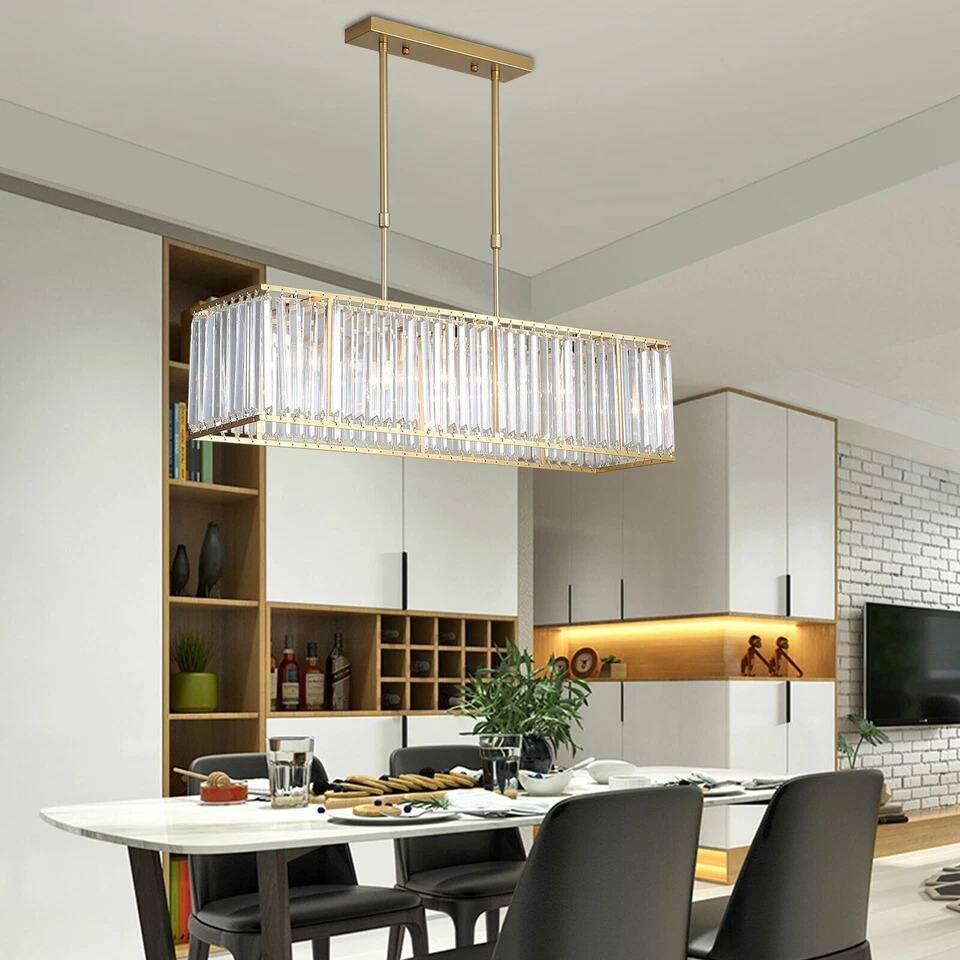 Back. Home Collection - Modern Gold Crystal Rectangular Chandelier LED Ceiling Pendant Light Fixture.
