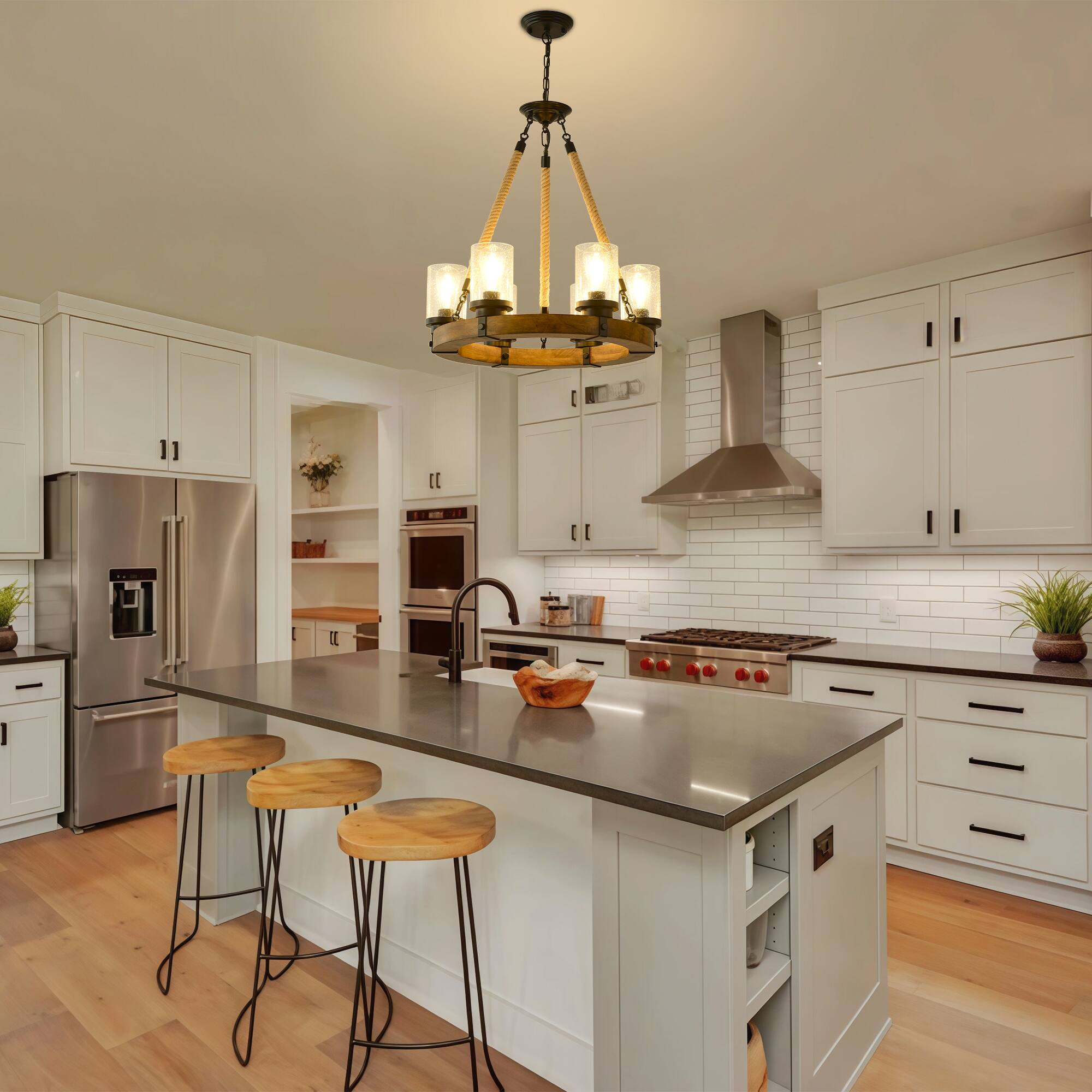 Alt View 1. RYHNUYNE - 6 Light Rustic Wagon Wheel Chandelier,Farmhouse Dining Room Light Fixture with Seeded Glass Shade,Round Wood Chandelier - Brown.