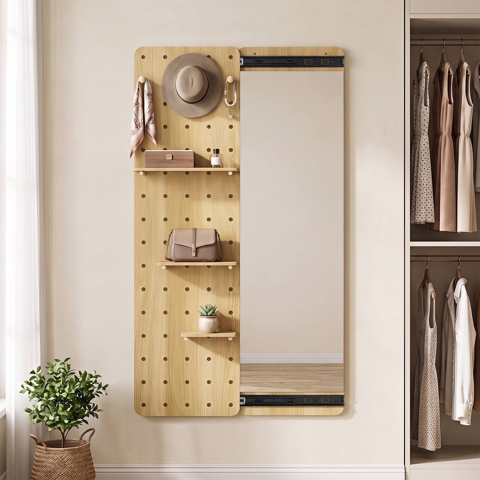Alt View 1. Costway - Costway Solid Wood Full Length Mirror & Pegboard Storage Organizer with Sliding Pegboard - Natural.