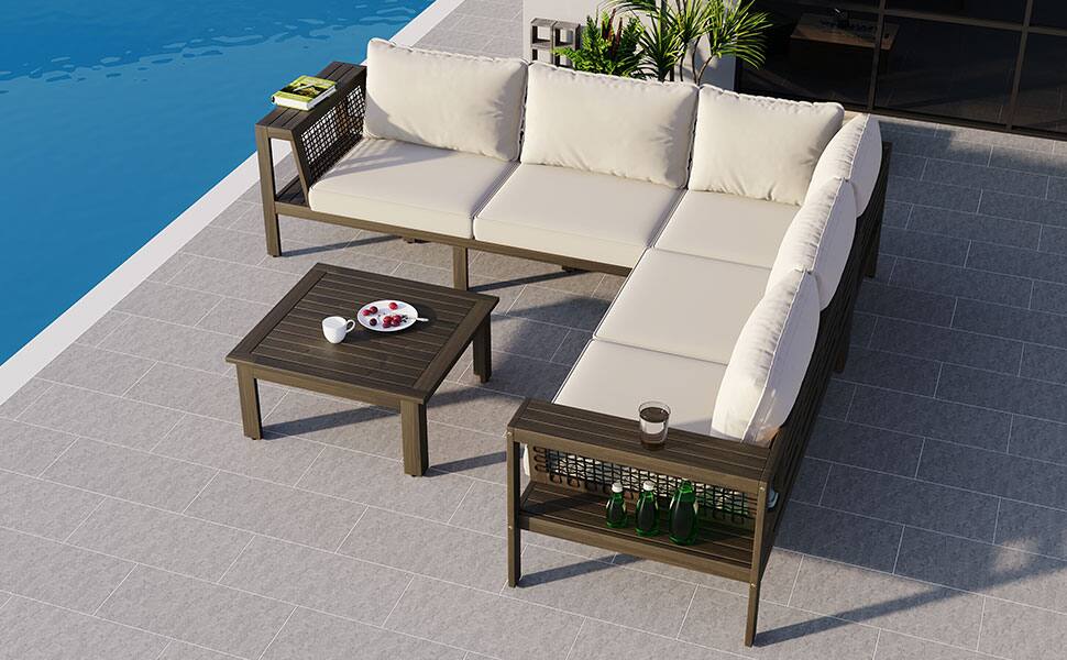 Alt View 8. Siljoy - 4-Piece L-Shaped Acacia Wood Patio Sofa Set, Mesh Armrests, Coffee & Side Tables, Beige Cushions - White.