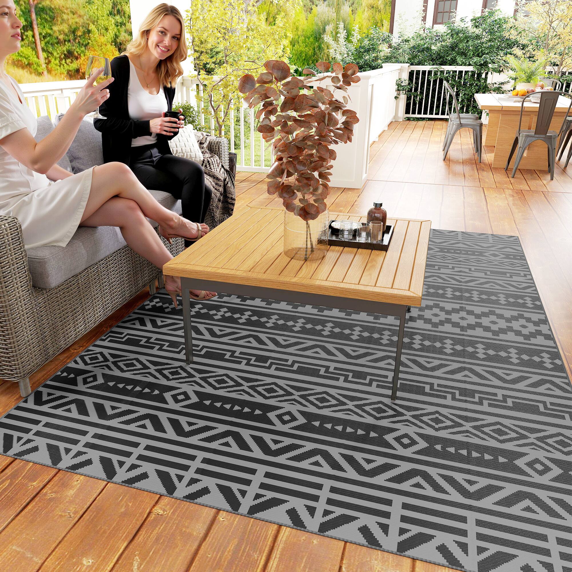 Alt View 8. Outsunny - Outdoor Rug for Patio, 6' x 9' Waterproof Large Mat, Reversible Plastic Straw Rug for Décor - Black and Gray Geometric Wall.