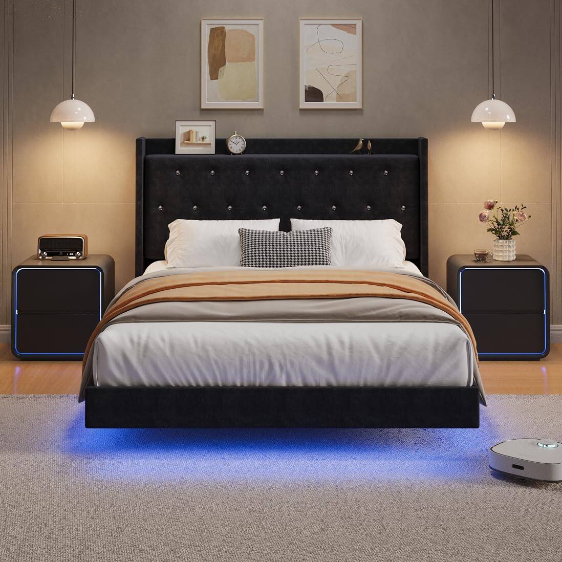 Alt View 4. Homhougo - Queen Size Black Floating Bed Frame with LED Lights, Velvet Wingback Headboard, Modern Storage Platform Bed - Black.