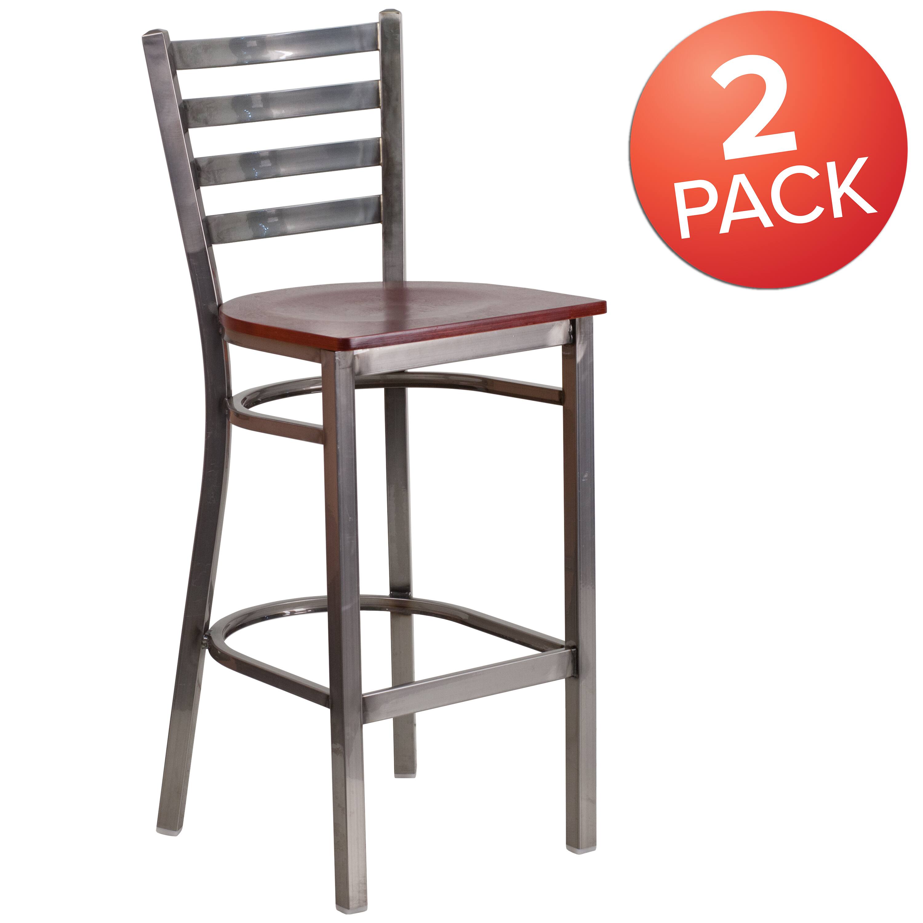 Alt View 1. Emma + Oliver - 2 Pack Clear Coated Ladder Back Metal Restaurant Barstool - Mahogany Wood Seat/Clear Coated Metal Frame.