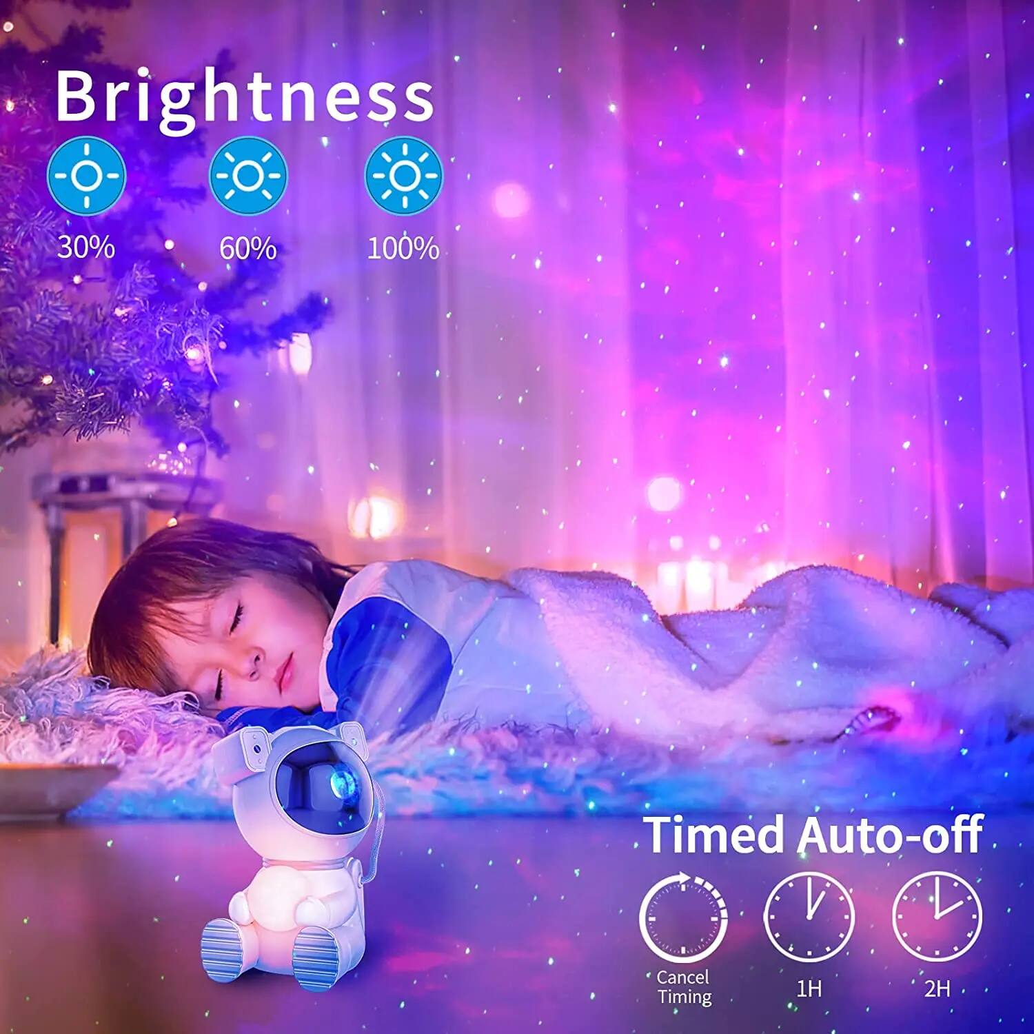 Brightness  
30% 60% 100%  

Timed Auto-off  
Cancel Timing  
1H 2H
