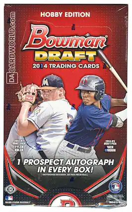 Hobby Edition
Bowman Draft
2014 4 Trading Cards
1 Prospect Autograph in Every Box! (No Purchase Necessary. See Pack for Details.)
2014 #2 Draft Pick Tyler Kolek
2014 #5 Draft Pick Nick Gordon
Major League Baseball
Ages 5+
Cardworld.com
