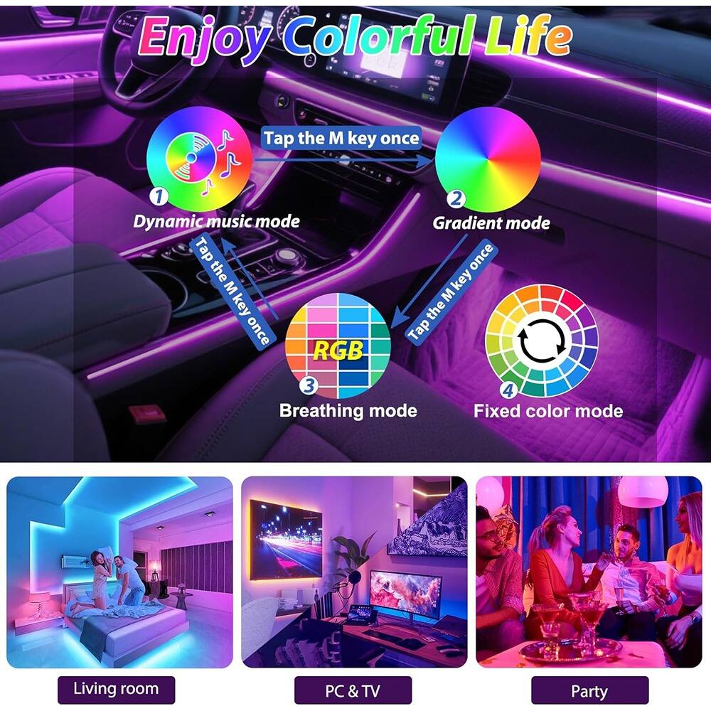 Enjoy Colorful Life

1. Dynamic music mode
   - Tap the M key once

2. Gradient mode
   - Tap the M key once

3. Breathing mode
   - Tap the M key once

4. Fixed color mode
   - Tap the M key once

Living room

PC & TV

Party