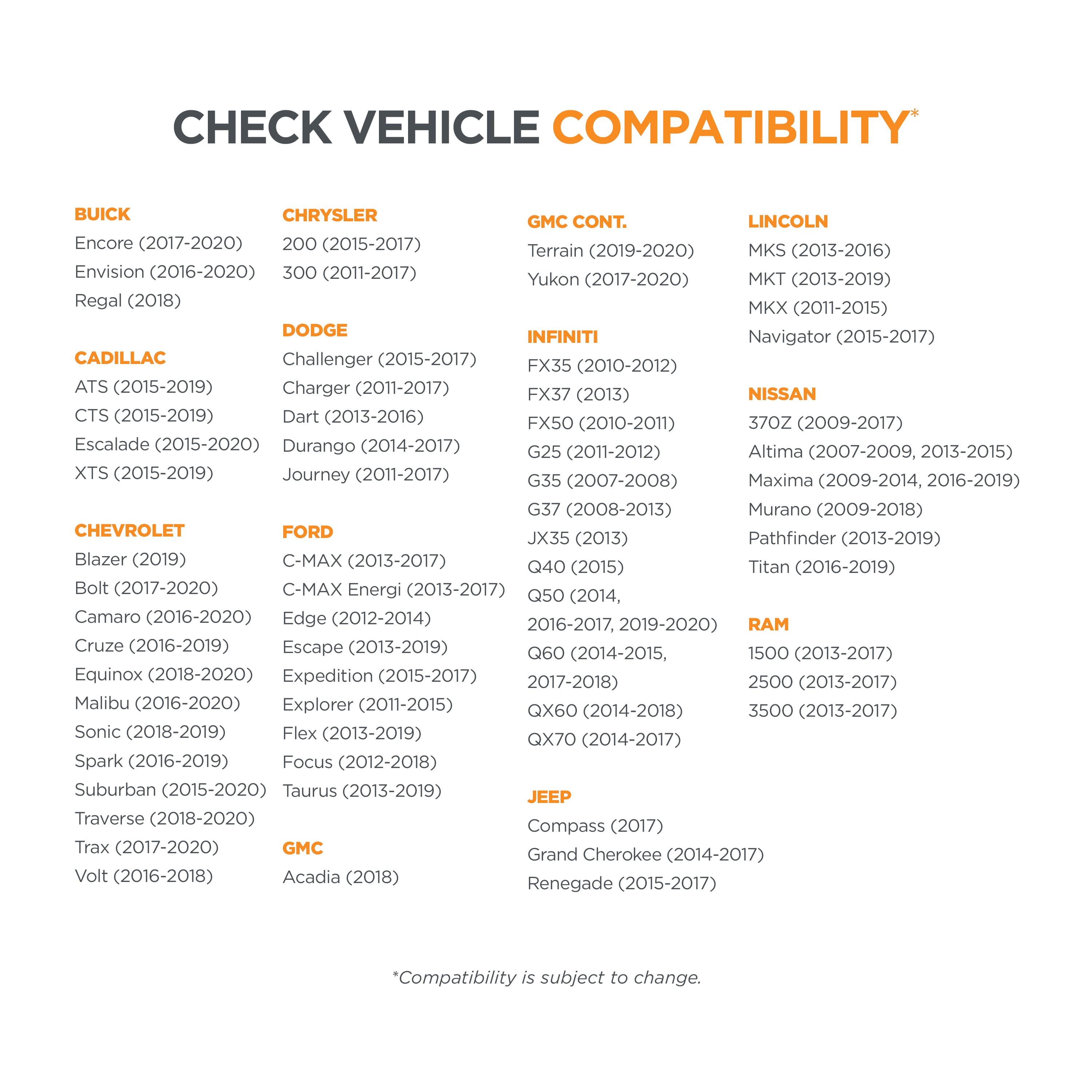**CHECK VEHICLE COMPATIBILITY**
**BUICK**
- Encore (2017-2020)
- Envision (2016-2020)
- Regal (2018)
**CHRYSLER**
- 200 (2015-2017)
- 300 (2011-2017)
**GMC CONT.**
- Terrain (2019-2020)
- Yukon (2017-2020)
**LINCOLN**
- MKS (2013-2016)
- MKT (2013-2019)
- MKX (2011-2015)
- Navigator (2015-2017)
**CADILLAC**
- ATS (2015-2019)
- CTS (2015-2019)
- Escalade (2015-2020)
- XTS (2015-2019)
**DODGE**
- Challenger (2015-2017)
- Charger (2011-2017)
- Dart (2013-2016)
**INFINITI**
- FX35 (2010-2012)
- FX37 (2013)
- FX50 (2010-2011)
**NISSAN**
- 370Z (2009-2017)
- Altima (2007-2009, 2013-2015)
- Maxima (2009-2014, 2016-2019)
- Murano (2009-2018)
- Pathfinder (2013-2019)
**CHEVROLET**
- Blazer (2019)
- Bolt (2017-2020)
- Camaro (2016-2020)
- Cruze (2016-2019)
- Equinox (2018-2020)
- Malibu (2016-2020
