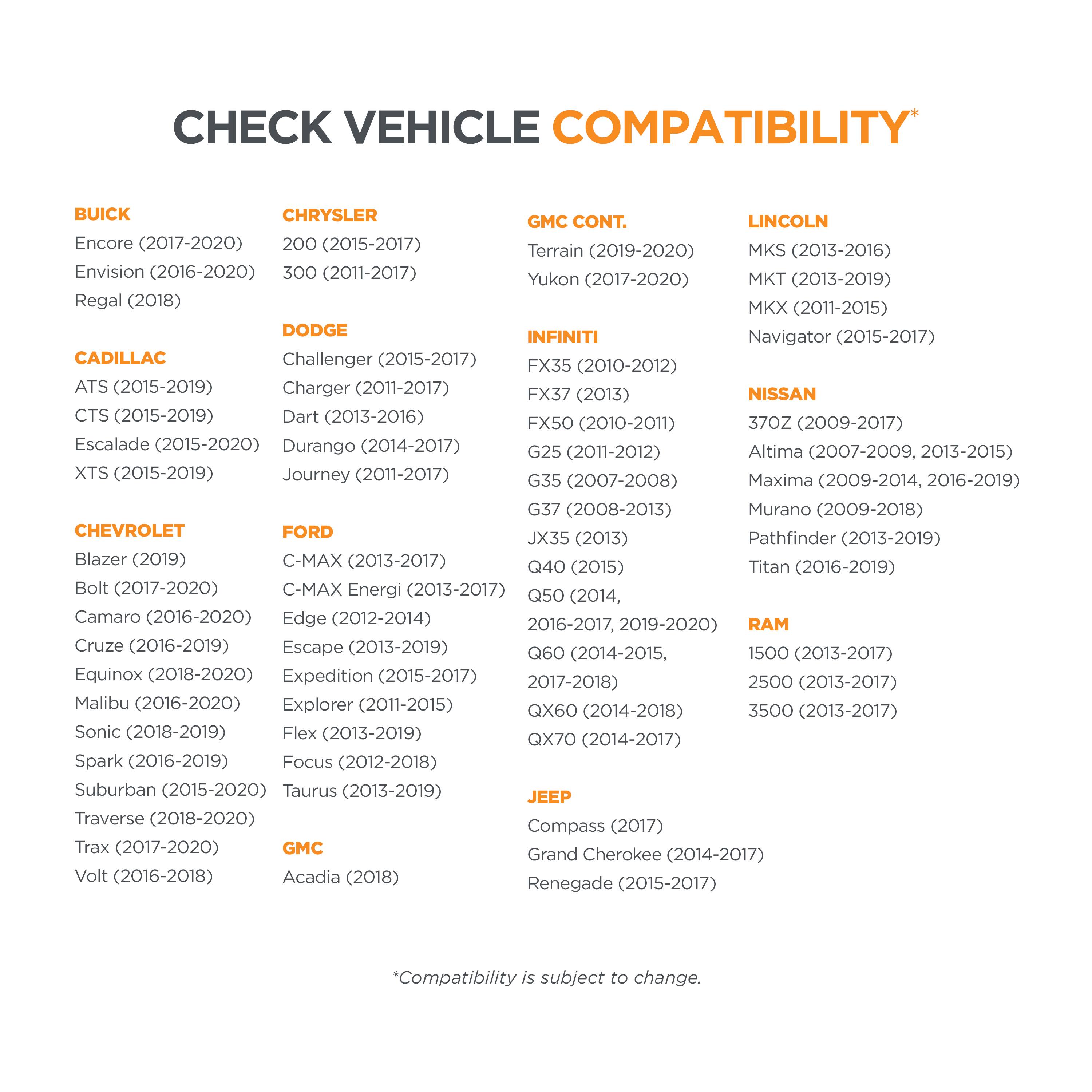**CHECK VEHICLE COMPATIBILITY**

**BUICK**
- Encore (2017-2020)
- Envision (2016-2020)
- Regal (2018)

**CHRYSLER**
- 200 (2015-2017)
- 300 (2011-2017)

**GMC CONT.**
- Terrain (2019-2020)
- Yukon (2017-2020)

**LINCOLN**
- MKS (2013-2016)
- MKT (2013-2019)
- MKX (2011-2015)
- Navigator (2015-2017)

**CADILLAC**
- ATS (2015-2019)
- CTS (2015-2019)
- Escalade (2015-2020)
- XTS (2015-2019)

**DODGE**
- Challenger (2015-2017)
- Charger (2011-2017)
- Dart (2013-2016)

**INFINITI**
- FX35 (2010-2012)
- FX37 (2013)
- FX50 (2010-2011)

**NISSAN**
- 370Z (2009-2017)
- Altima (2007-2009, 2013-2015)
- Maxima (2009-2014, 2016-2019)
- Murano (2009-2018)
- Pathfinder (2013-2019)

**CHEVROLET**
- Blazer (2019)
- Bolt (2017-2020)
- Camaro (2016-2020)
- Cruze (2016-2019)
- Equinox (2018-2020)
- Malibu (2016-2020