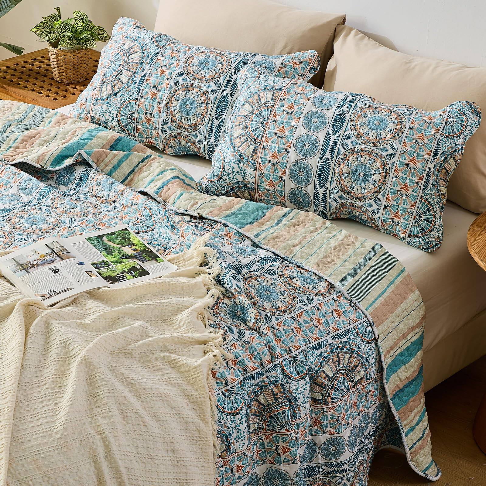 Alt View 3. Earthley Blooms - Quilt Bedding Set Striped Reversible Boho Sets Lightweight Microfiber Oversized Bedspread Coverlet For All - Blue-King/Cal King.