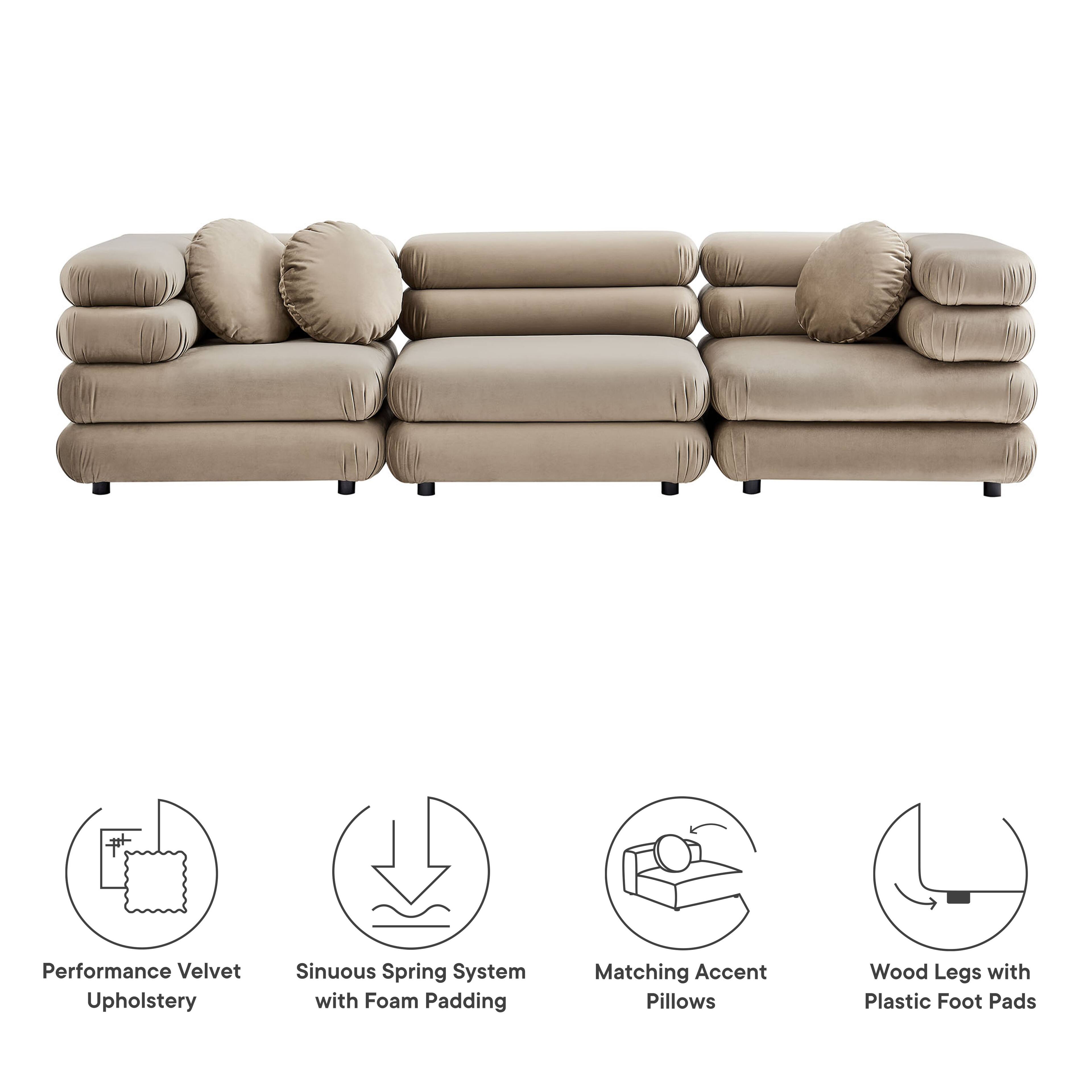 Performance Velvet Upholstery  
Sinuous Spring System with Foam Padding  
Matching Accent Pillows  
Wood Legs with Plastic Foot Pads
