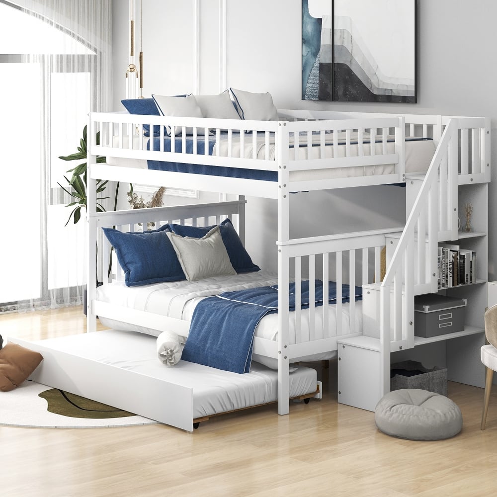 Loheer - Full Over Full Bunk Bed with Trundle and Stairs, Solid Wood 3 in 1 Bunk Bed - White price history on PriceWatchPro