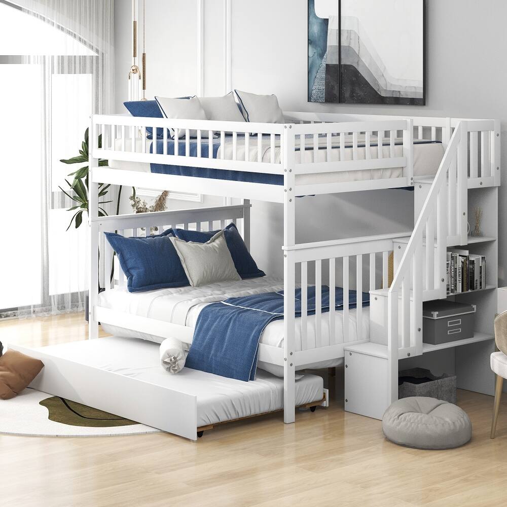 Front. Loheer - Loheer Full Over Full Bunk Bed with Trundle and Stairs, White Solid Wood 3 in 1 Bunk Bed - White.
