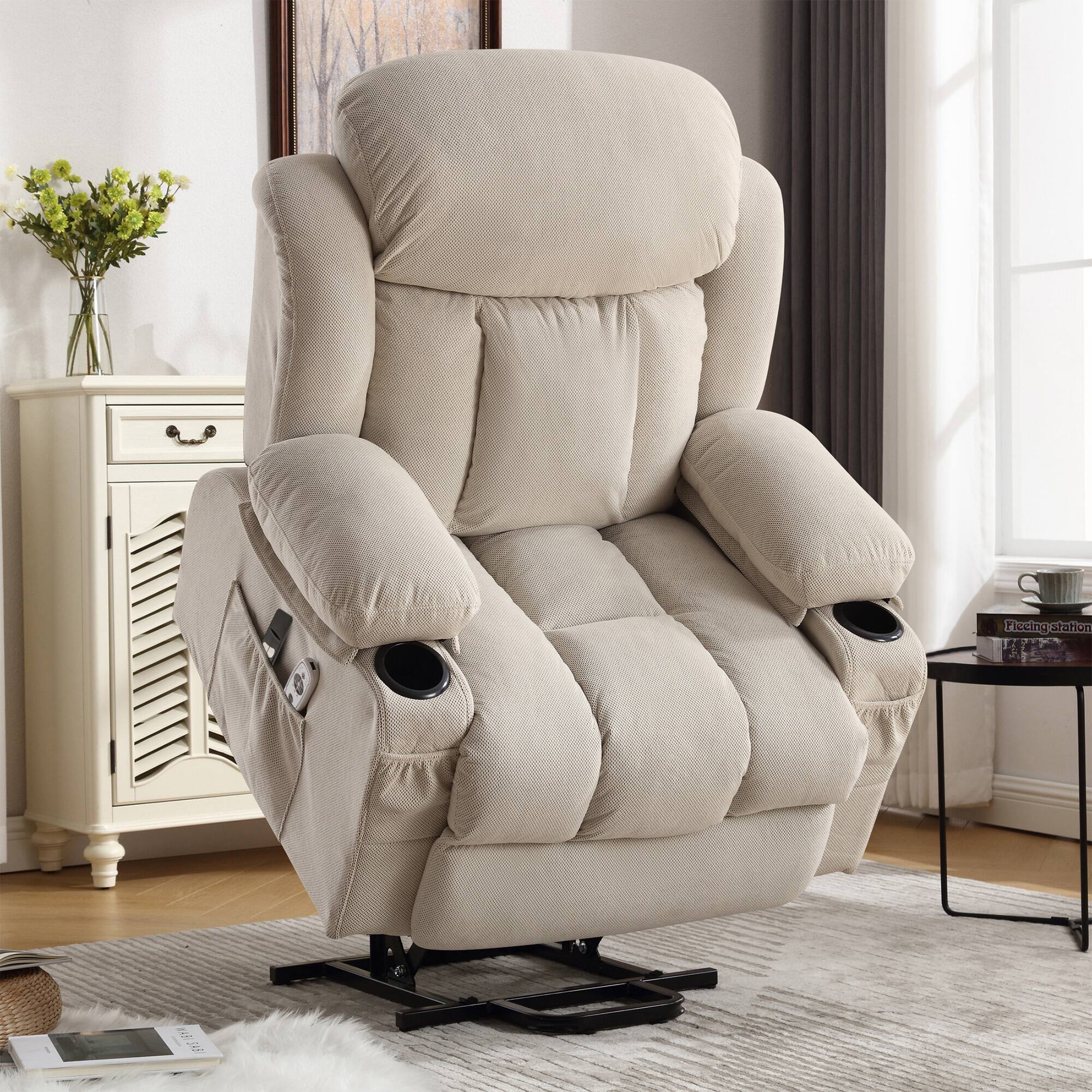 Angle. GOODSILO - Power Lift Recliner Chair with Heat & Massage, Electric Fabric Recliner for Elderly with USB Port & Remote - Beige.