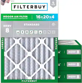 Filterbuy - 16x20x4 MERV 8 Dust & Allergy Defense, Electrostatic Pleated HVAC AC Furnace Air Filters Replacement (4-Pack) - Silver