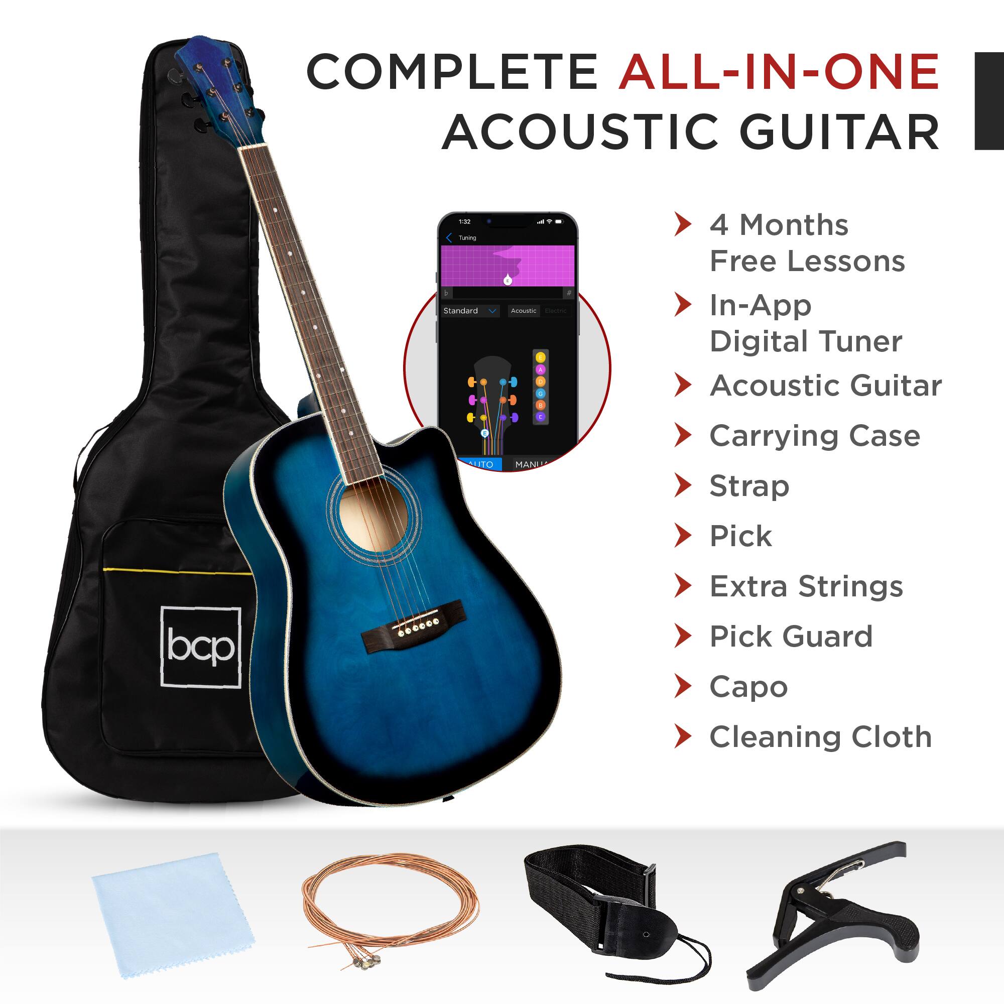 COMPLETE ALL-IN-ONE ACOUSTIC GUITAR

- 4 Months Free Lessons
- In-App Digital Tuner
- Acoustic Guitar
- Carrying Case
- Strap
- Pick
- Extra Strings
- Pick Guard
- Capo
- Cleaning Cloth
