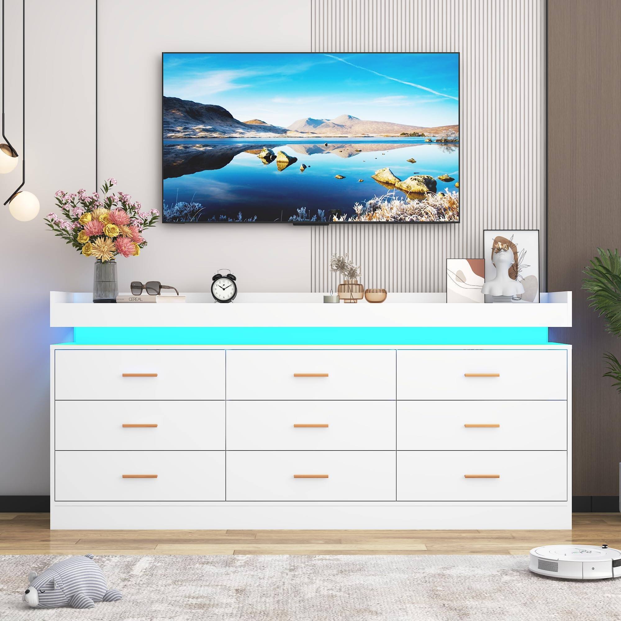 Alt View 8. Espafurni - 9 Drawer Dresser with LED Light and Charging Station, 63" Modern Chest of Drawers for Closet, Wide Drawer Organizer Cabi - White.