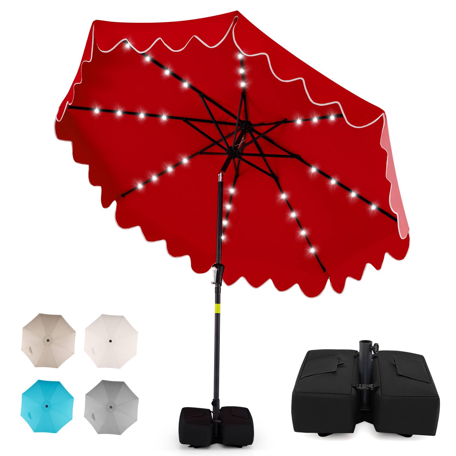 Gymax - 9 FT Outdoor Patio Umbrella w/32 Solar LED Lights & Weighted Base Sandbags - Red