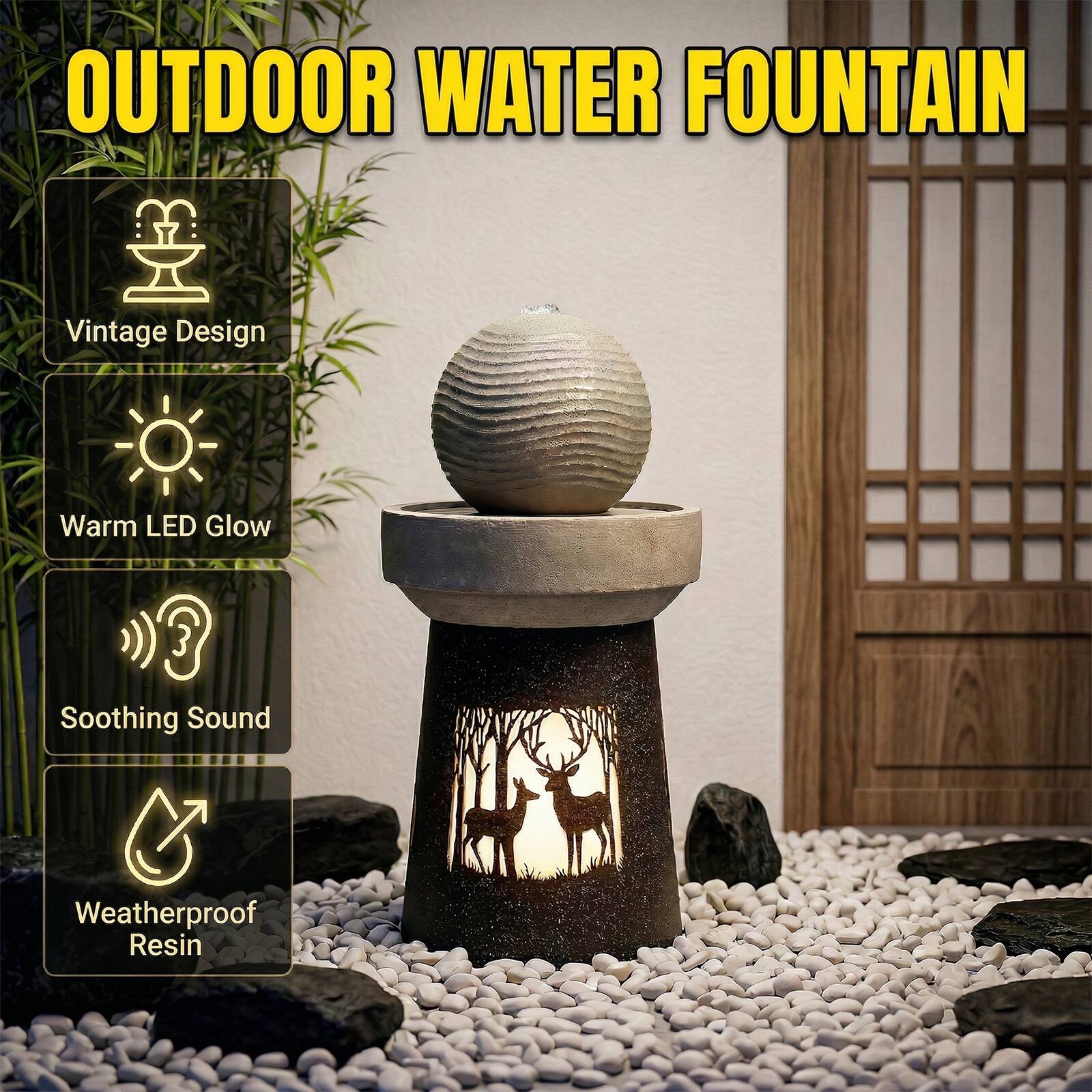 OUTDOOR WATER FOUNTAIN

- Vintage Design
- Warm LED Glow
- Soothing Sound
- Weatherproof Resin