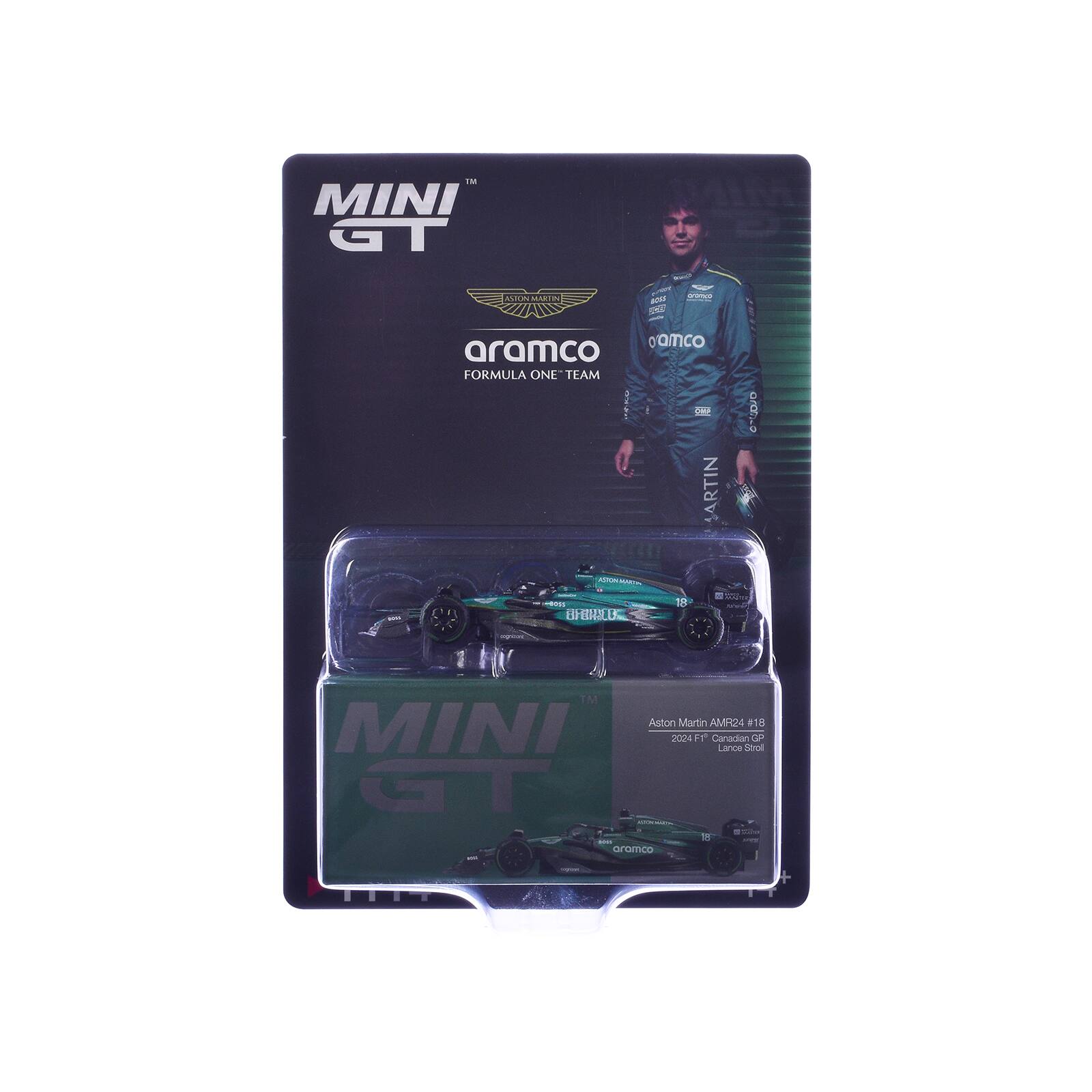 MINI GT  
ASTON MARTIN  
aramco FORMULA ONE TEAM  

Aston Martin AMR24 #18  
2024 F1 Canadian GP  
Lance Stroll