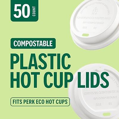 50 COUNT  
COMPOSTABLE PLASTIC HOT CUP LIDS  
FITS PERK ECO HOT CUPS  

CAUTION: CONTENTS HOT  
BIODEGRADABLE  
COMPOSTABLE  

538 01