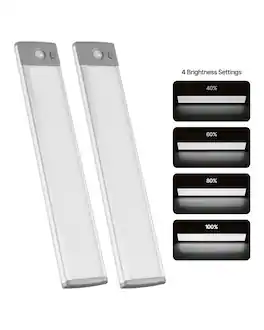 VEVOR - Under Cabinet Lighting, 2 PCS, 40 LED Motion Sensor Lights, Rechargeable Battery Operated Closet Lights - Anodized Aluminum Natural ,Gray