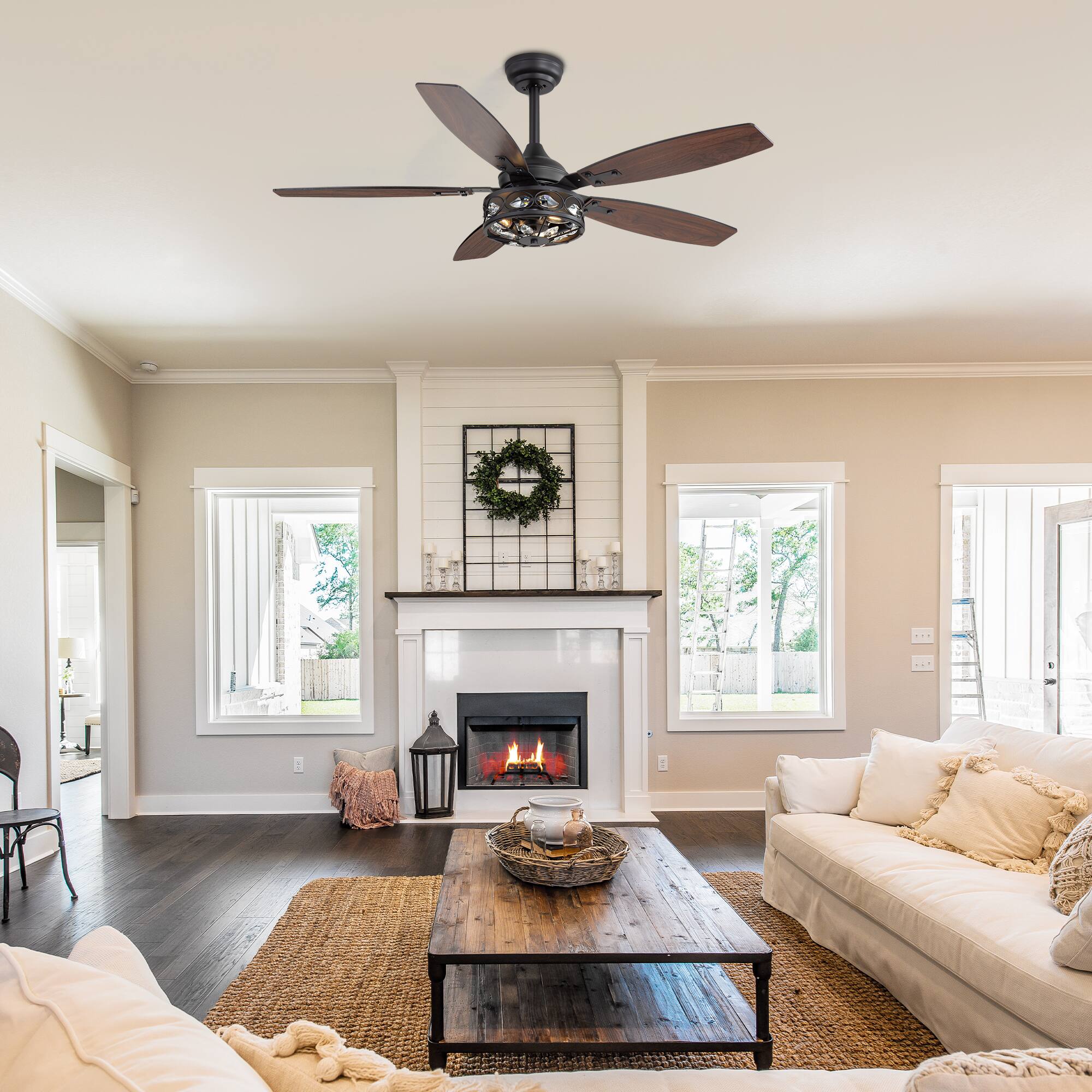 Alt View 1. Breezary - Breezary 48" Industrial Ceiling Fan with 5 Dual-Finish Plywood Blades,  6 Speeds, DC Motor, Remote Control with Timer - Matte Black and Dark Wood Grain.