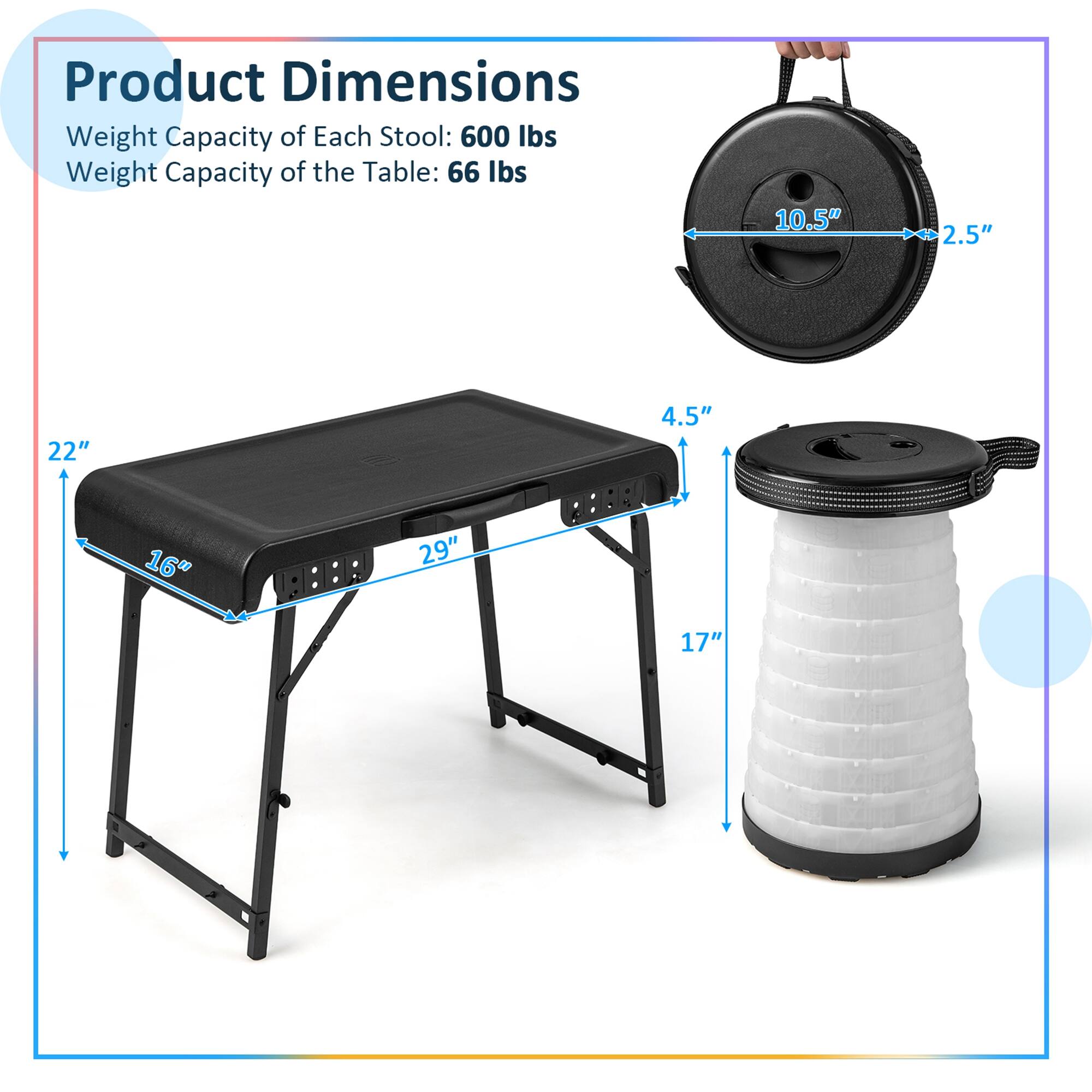 Product Dimensions:
- Weight Capacity of Each Stool: 600 lbs
- Weight Capacity of the Table: 66 lbs
- Size: 10.5" x 2.5" x 22" x 4.5" x 16" x 29" x 17"