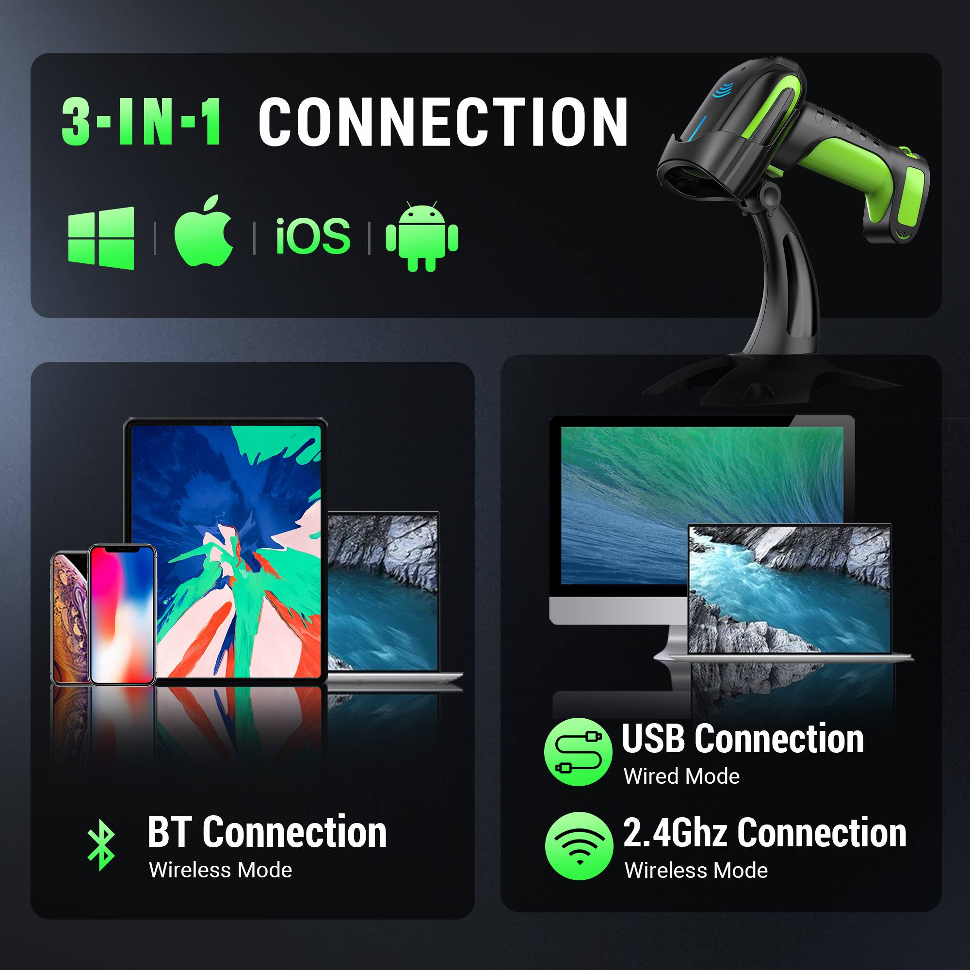 3-IN-1 CONNECTION  
iOS BT Connection Wireless Mode  
USB Connection Wired Mode  
2.4Ghz Connection Wireless Mode
