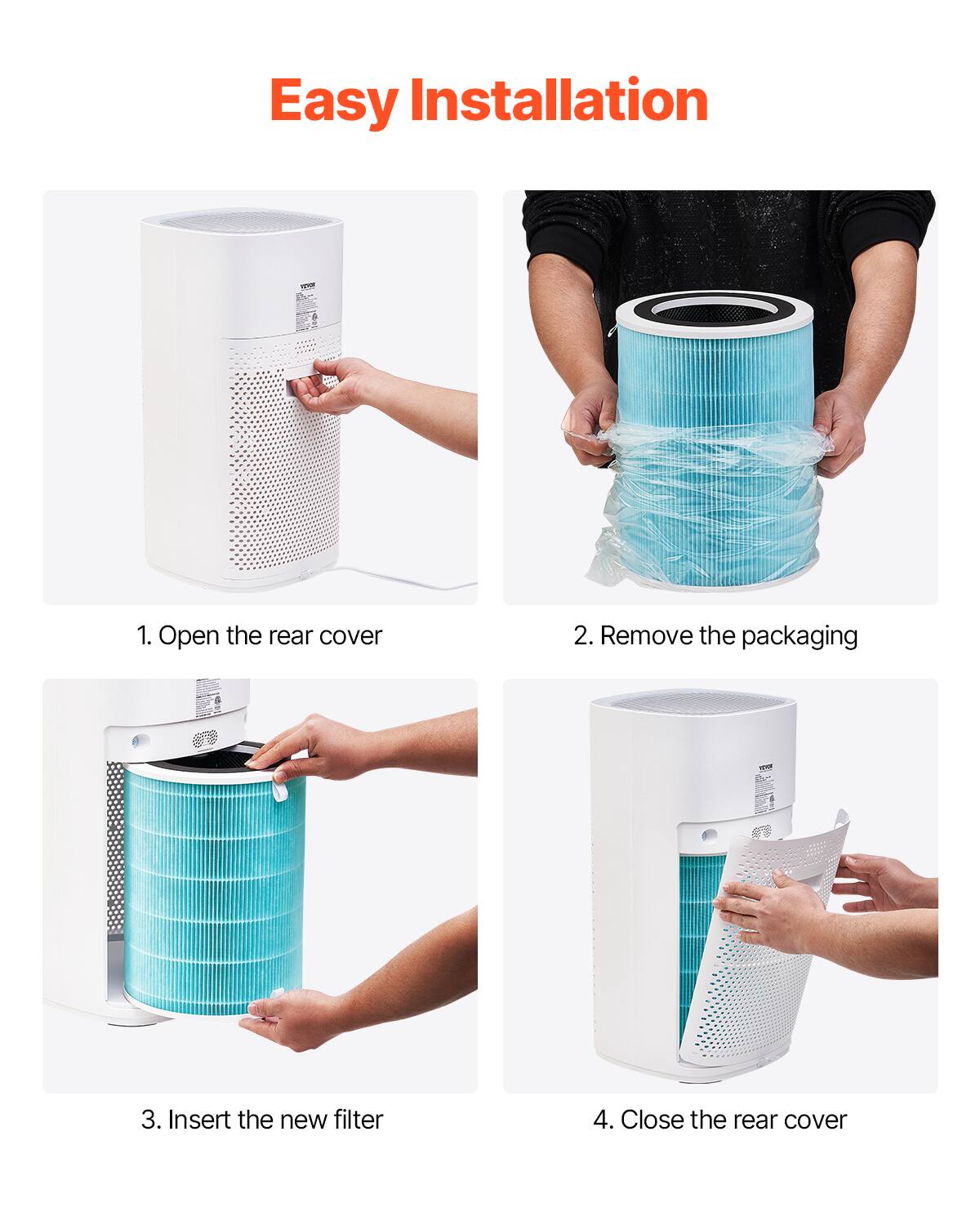 Easy Installation

1. Open the rear cover

2. Remove the packaging

3. Insert the new filter

4. Close the rear cover