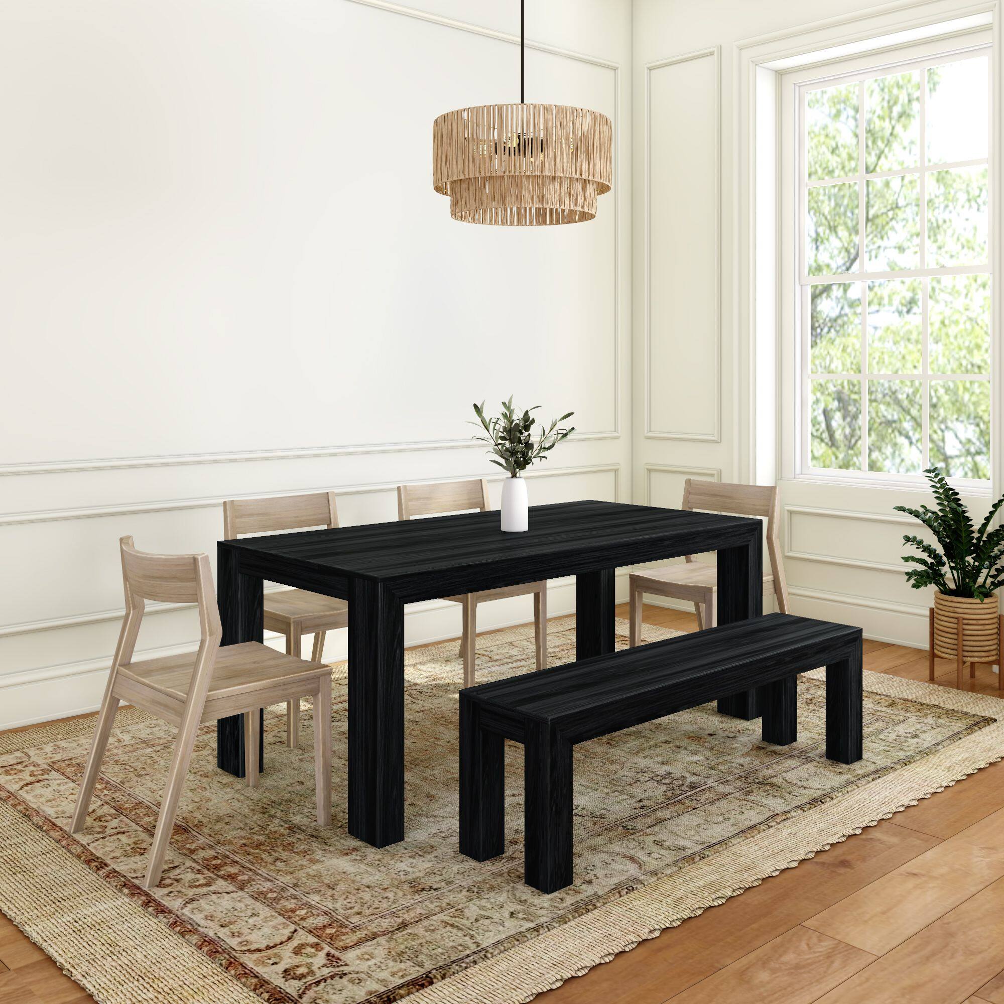 Front. Plank+Beam - 72" Modern Solid Wood Dining Table Set with Bench, Black Wirebrush, + 4 Chairs Blonde - Black Wirebrush, Blonde.