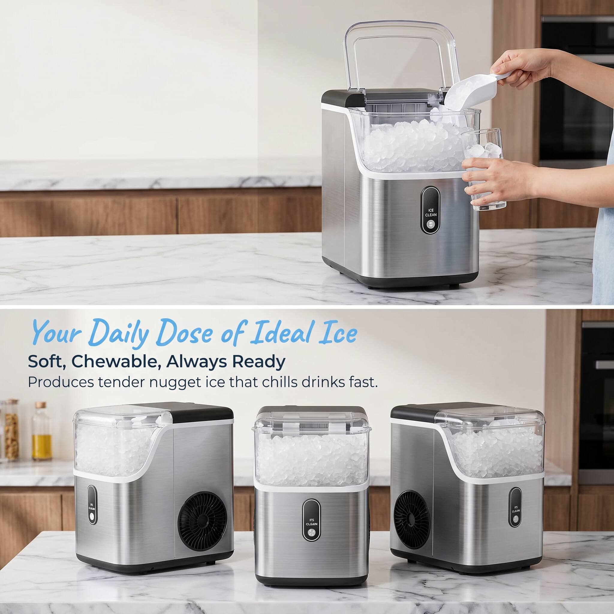 Your Daily Dose of Ideal Ice  
Soft, Chewable, Always Ready  
Produces tender nugget ice that chills drinks fast.