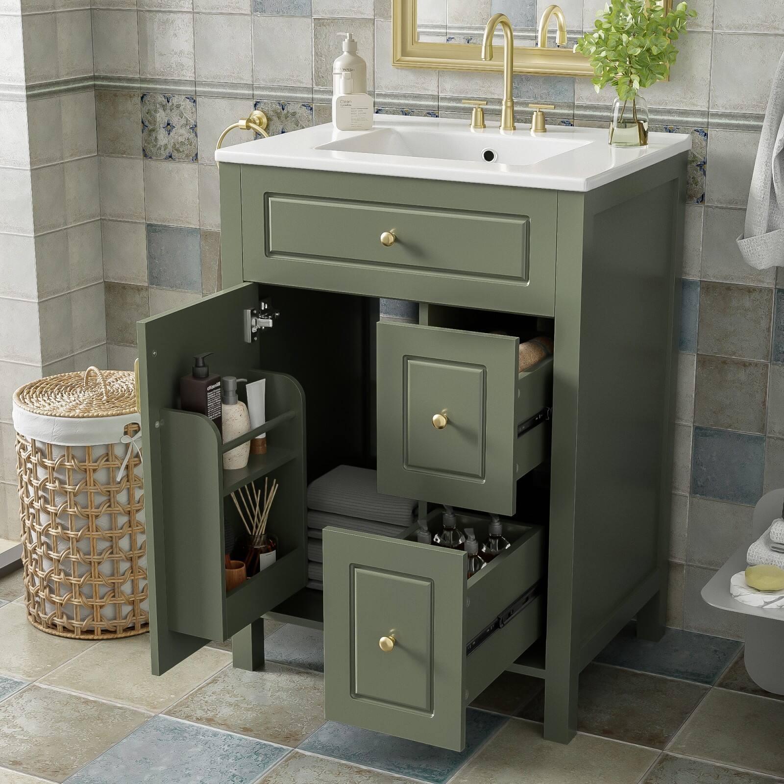 Alt View 1. Ecooso - 24" Bathroom Vanity with Ceramic Sink, 2 Drawers, Door Storage Racks, Soft-Close - Green.
