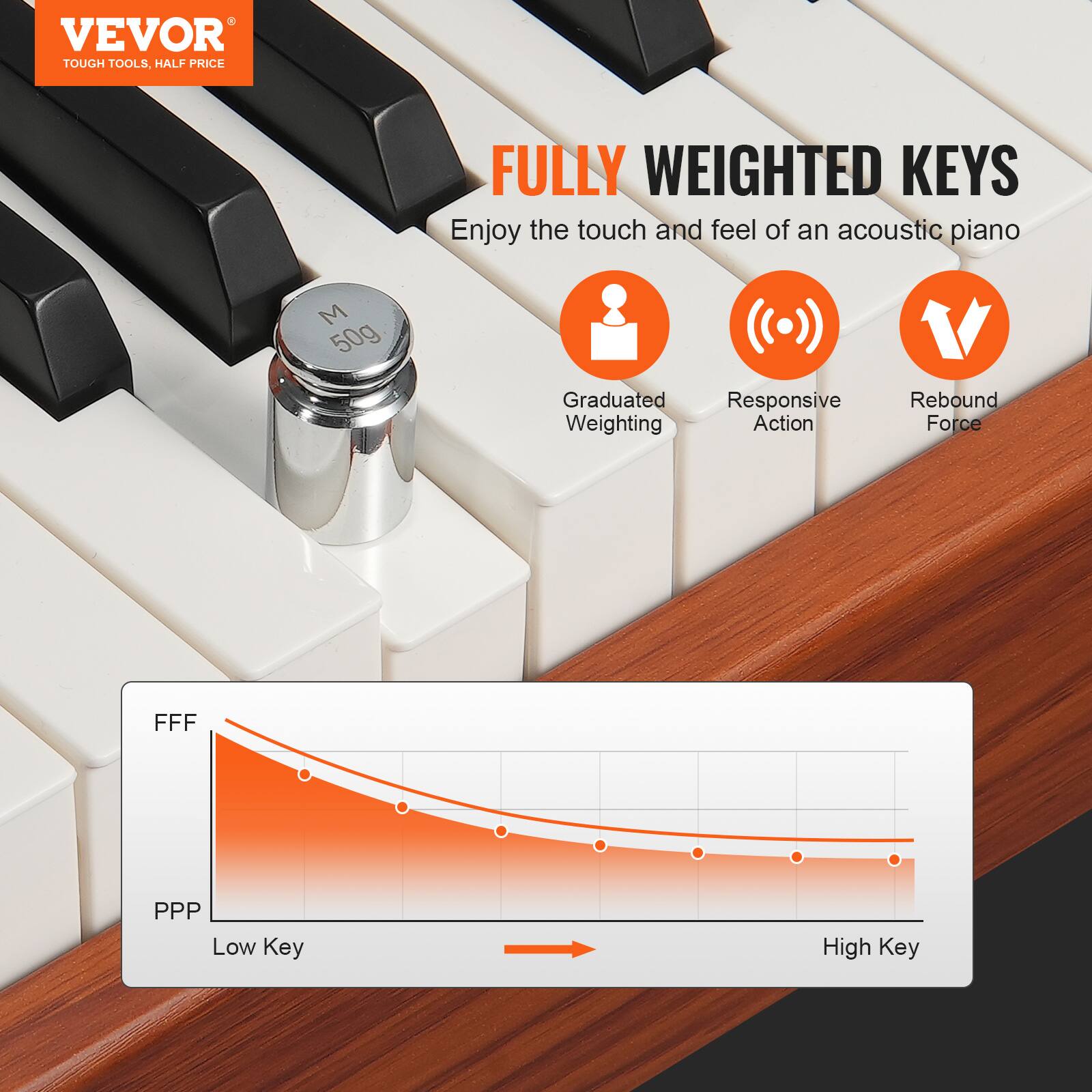 VEVOR  
TOUGH TOOLS, HALF PRICE

FULLY WEIGHTED KEYS  
Enjoy the touch and feel of an acoustic piano

- Graduated Weighting
- Responsive Action
- Rebound Force

M 50g

FFF  
PPP  
Low Key  
High Key