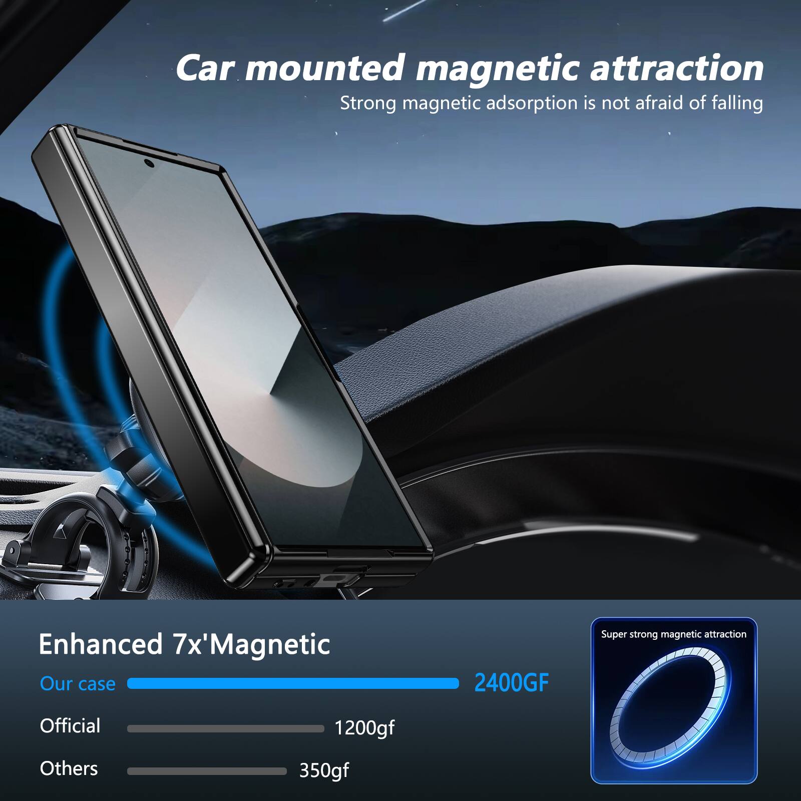 Car mounted magnetic attraction  
Strong magnetic adsorption is not afraid of falling  

Enhanced 7x'Magnetic  
Our case: 2400GF  
Official: 1200gf  
Others: 350gf  

Super strong magnetic attraction