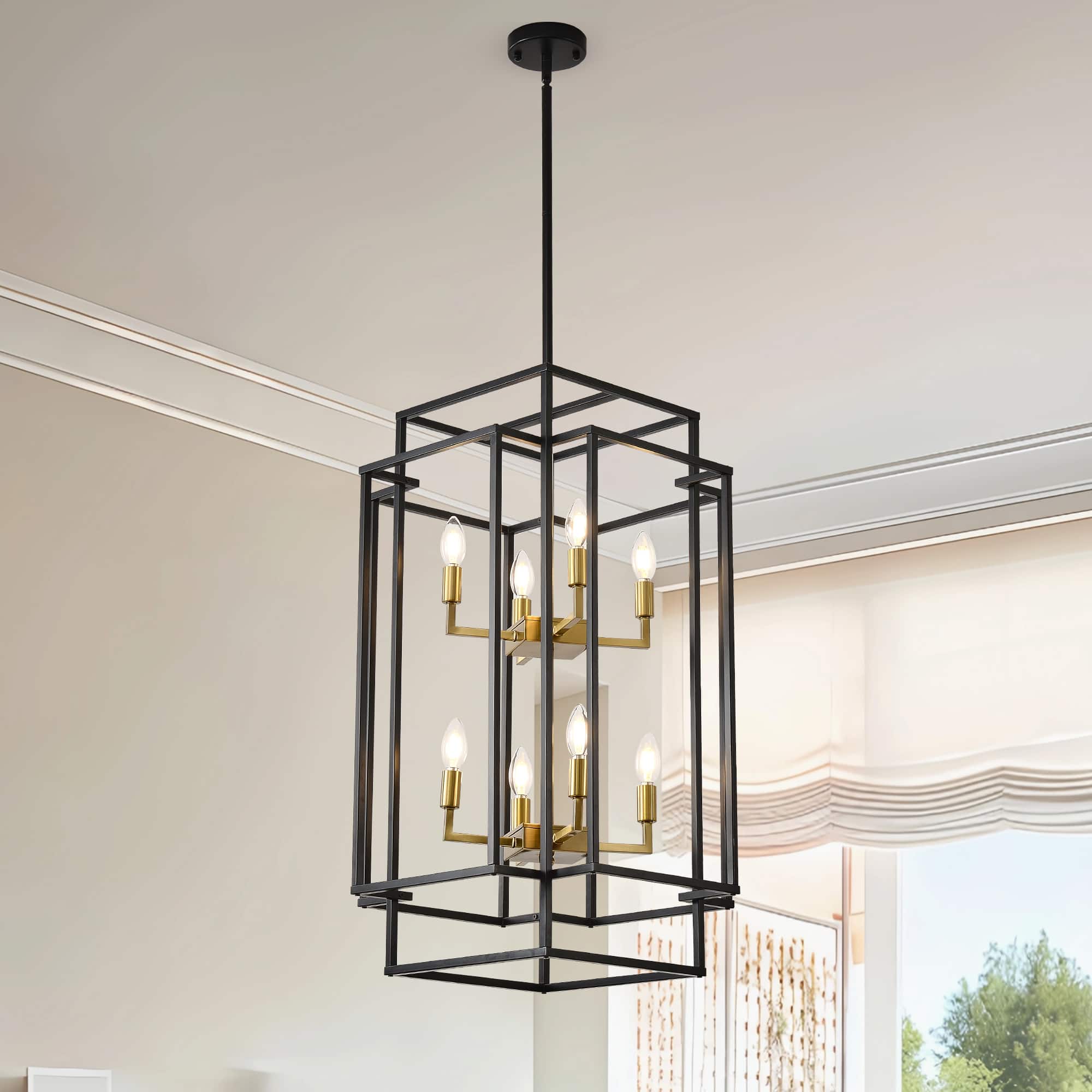 RYHNUYNE - 8-Light Lantern Tiered Pendant Light Fixtures, Farmhouse Chandelier for Kitchen Island,Dining Room Light Fixture Ov - Black