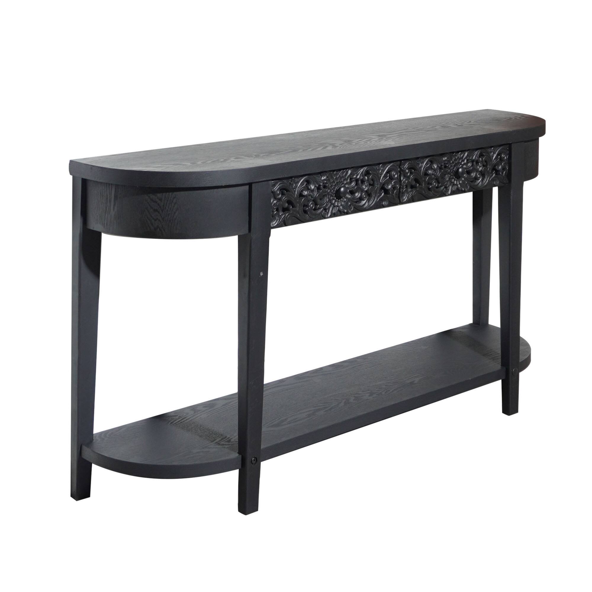Alt View 2. GOODSILO - Elegant Carved Wooden Console Table with Lower Storage Shelf and Two Drawers for Entryway Living Room Hallway - Black.