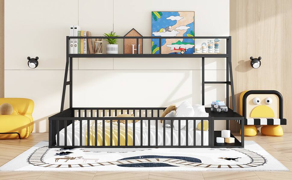 Alt View 7. Tiramisubest - Full Size Floor Bed Frame with Safety Fence, Metal Floor Bed with Desk and Storage Shelves, Playhouse for Kids, Black - Black.