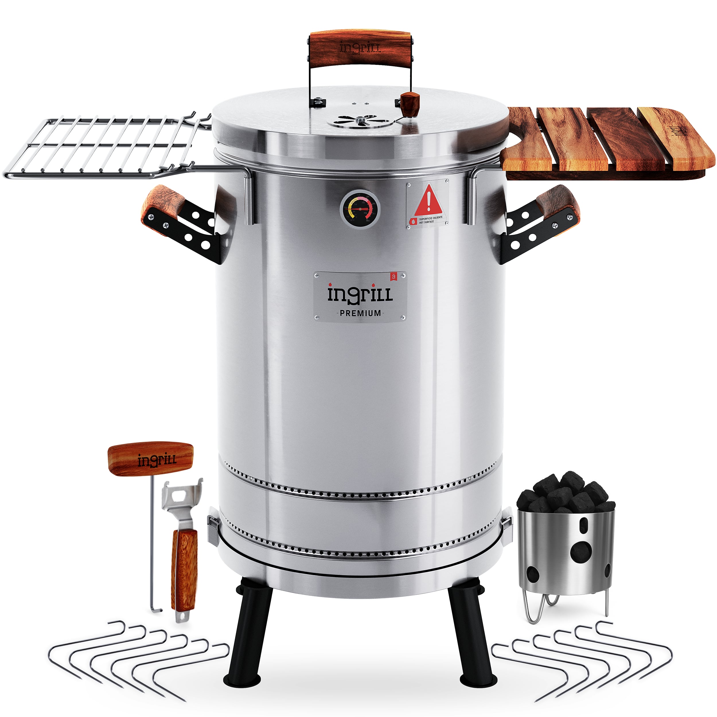 Ingrill - Charcoal Grills - 25 lbs Smoker Grill 3-in-1 for Cooking & Home BBQ - Stainless Steel