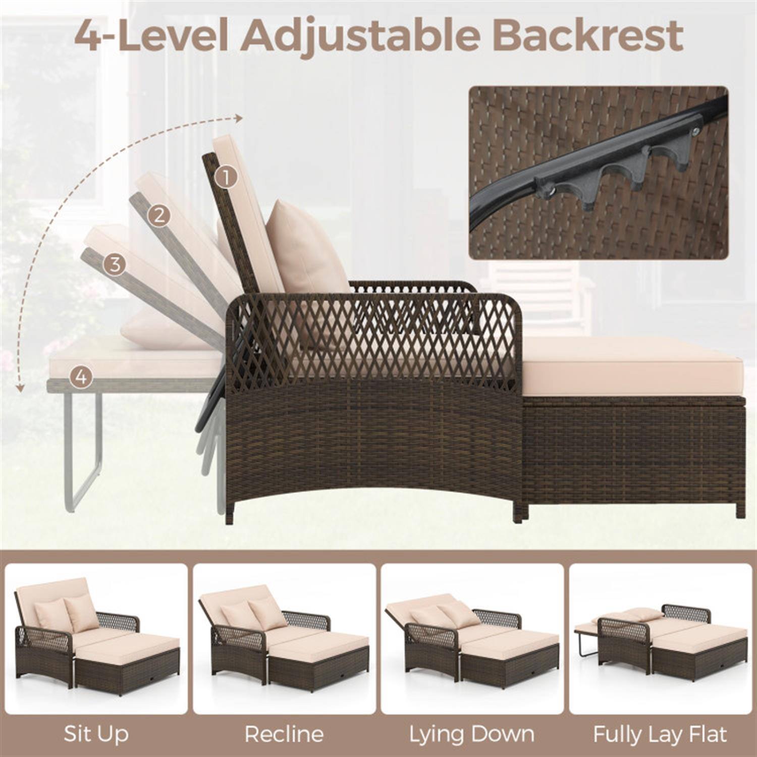 4-Level Adjustable Backrest

1. Sit Up
2. Recline
3. Lying Down
4. Fully Lay Flat