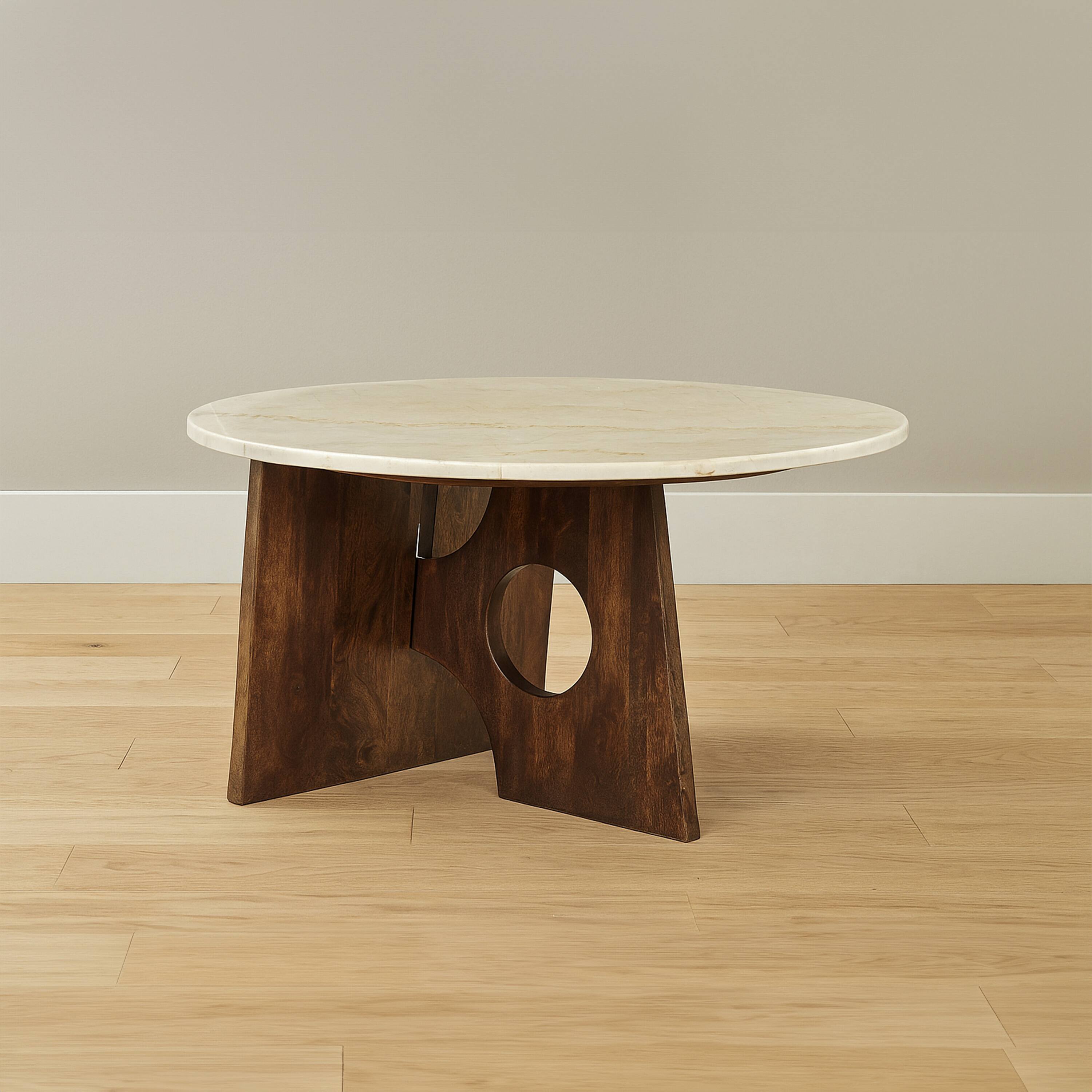 Alt View 4. Manhattan Lane - Kali Coffee Table, 27" Natural Round Marble Tabletop, Mango Wood Sculptural Base - Brown, White.