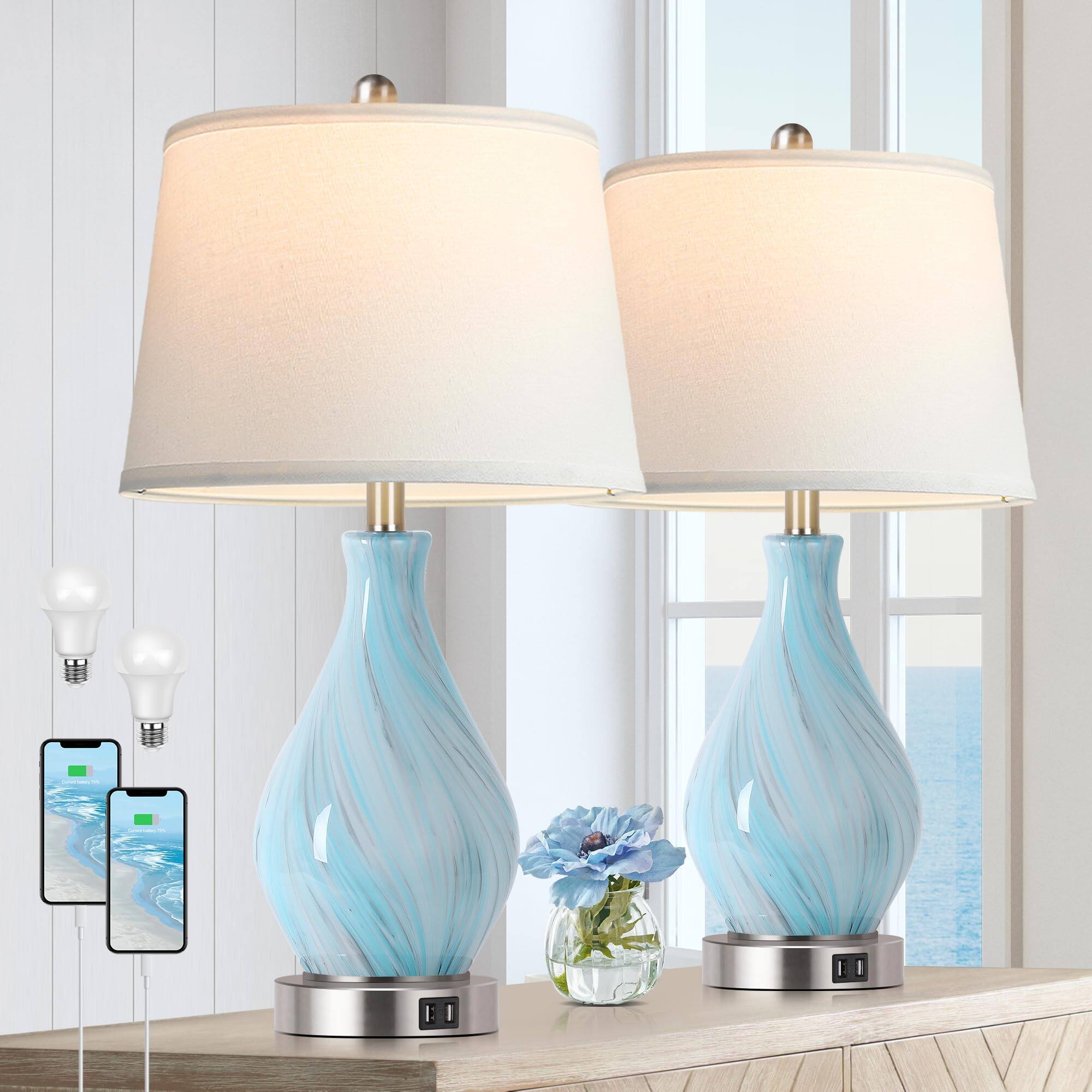 Pawtners - Set of 2 Glass Table Lamps, 22" Blue Gray Swirl Design with USB Ports & 3-Way Dimmable Touch Control