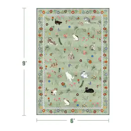 KERDOM - Cat Illustration 6x9 ft Bedroom Rug, Large Kitten Floor Mat for Dinning Room, Low Pile Washable Area Carpet Animal Throw - Green