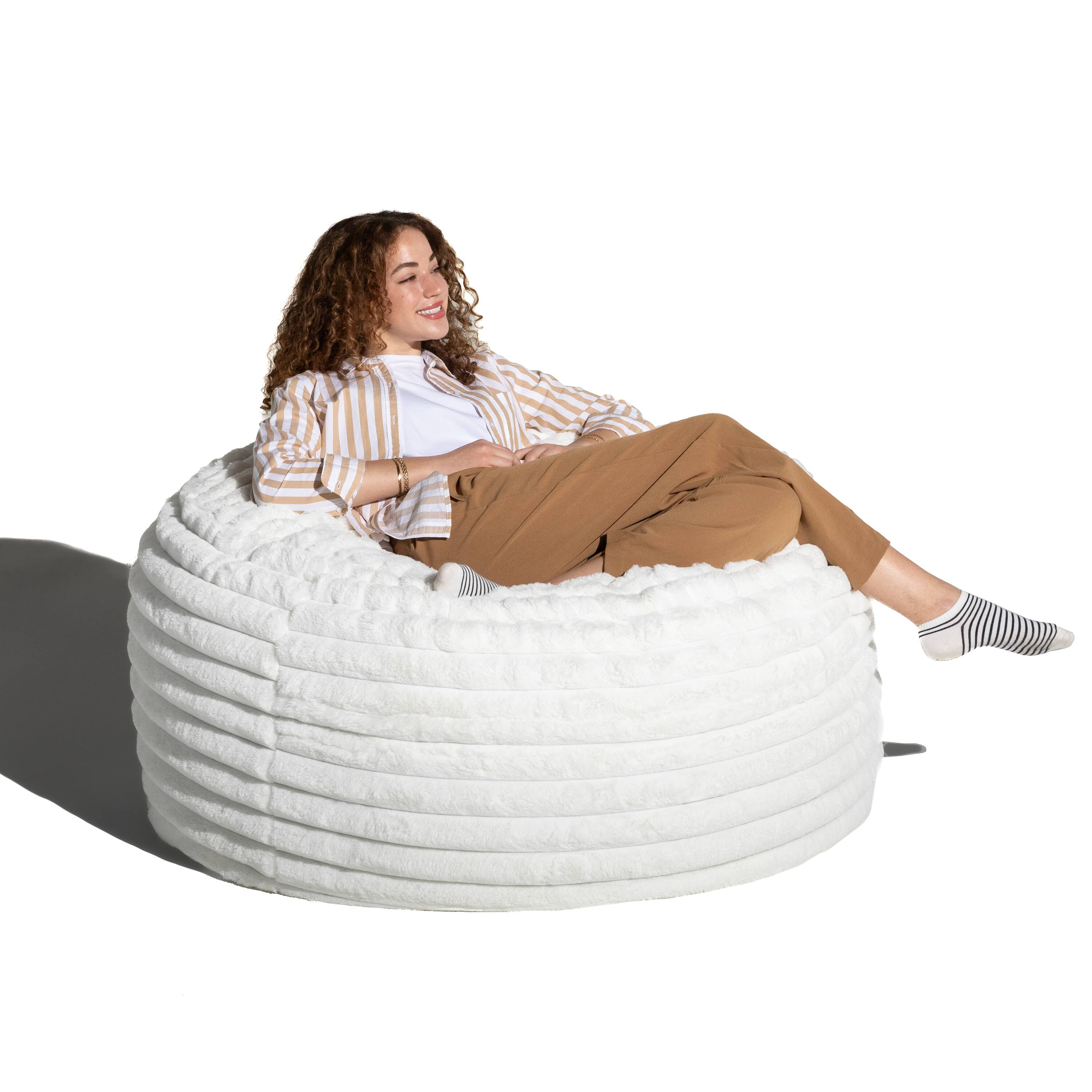 Angle. Jaxx - Jaxx Saxx 4ft - Large Round Bean Bag for Adults - Made in the USA - Luxuriously Soft Plush Faux Fur, Ivory - Faux Fur Ivory.