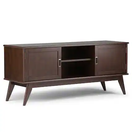 Front. Simpli Home - Draper SOLID HARDWOOD 60 inch Wide Mid Century Modern TV Media Stand in Medium Auburn Brown For TVs up to 65 inches - Medium Auburn Brown.