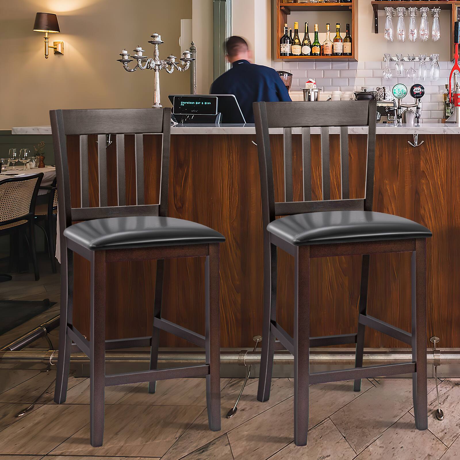Alt View 7. Ecooso - 25 Inches Set of 2 Bar Stools with Rubber Wood Legs - Dark Espresso.