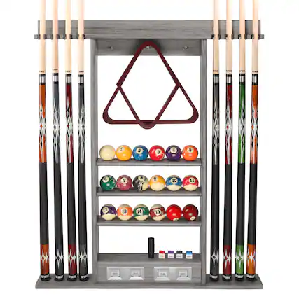 Front. GSE Games & Sports Expert - Wood 8 Wall Pool Cue Rack with Score Counter and Metal Hook, Billiard Pool Cue Rack Only - Brushed Grey - Brushed Grey.