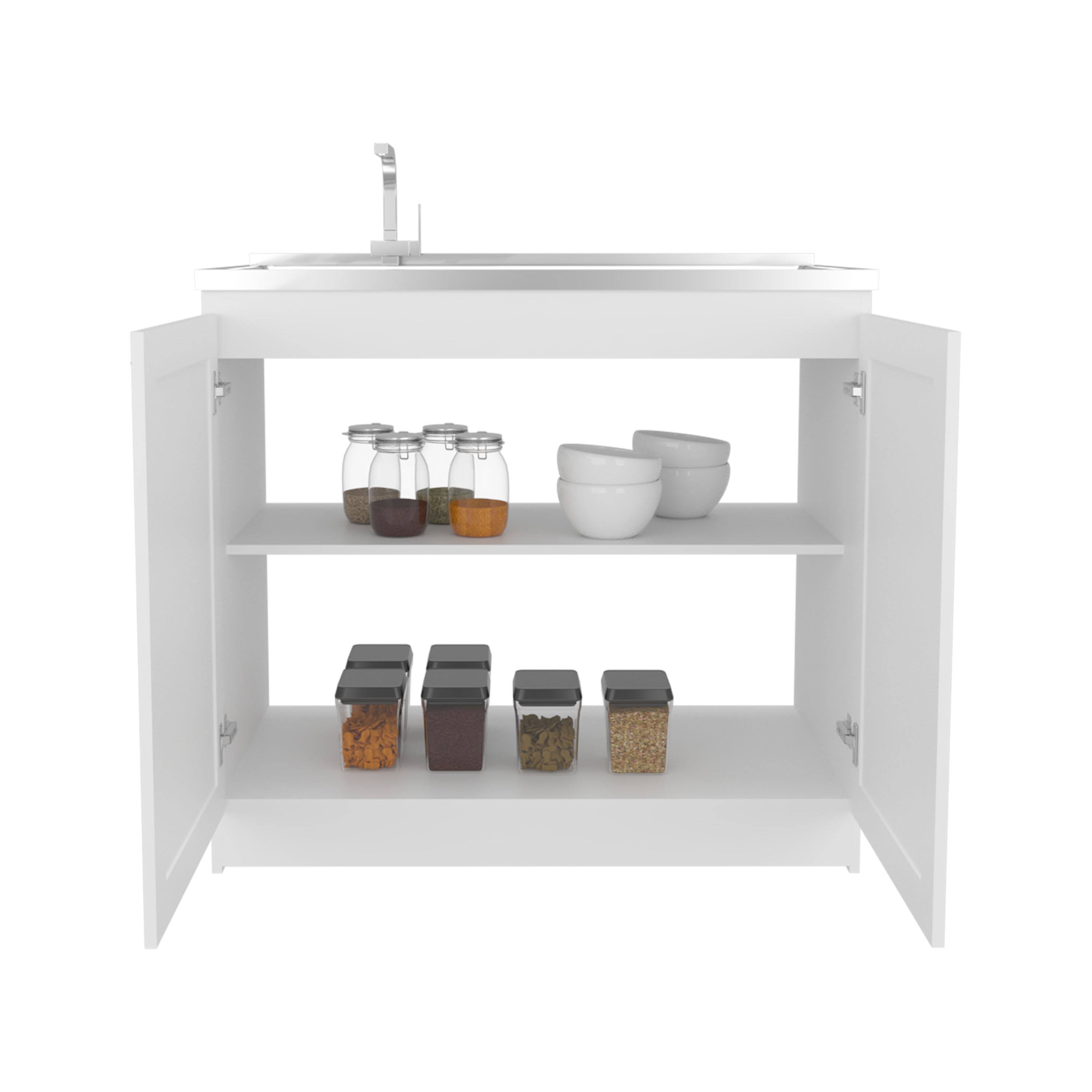 Angle. TuHome - Zurich 39" Wide Utility Sink, Base Cabinet Two-Door Cabinet With Two Shelves, Stainless Steel Sink - White.