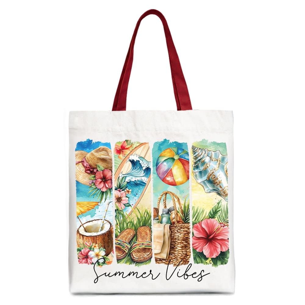 OrnamentallyYou - Summer Vibes Canvas Tote Bag, Beach Gift Shopper with Coconut and Flowers - White Red