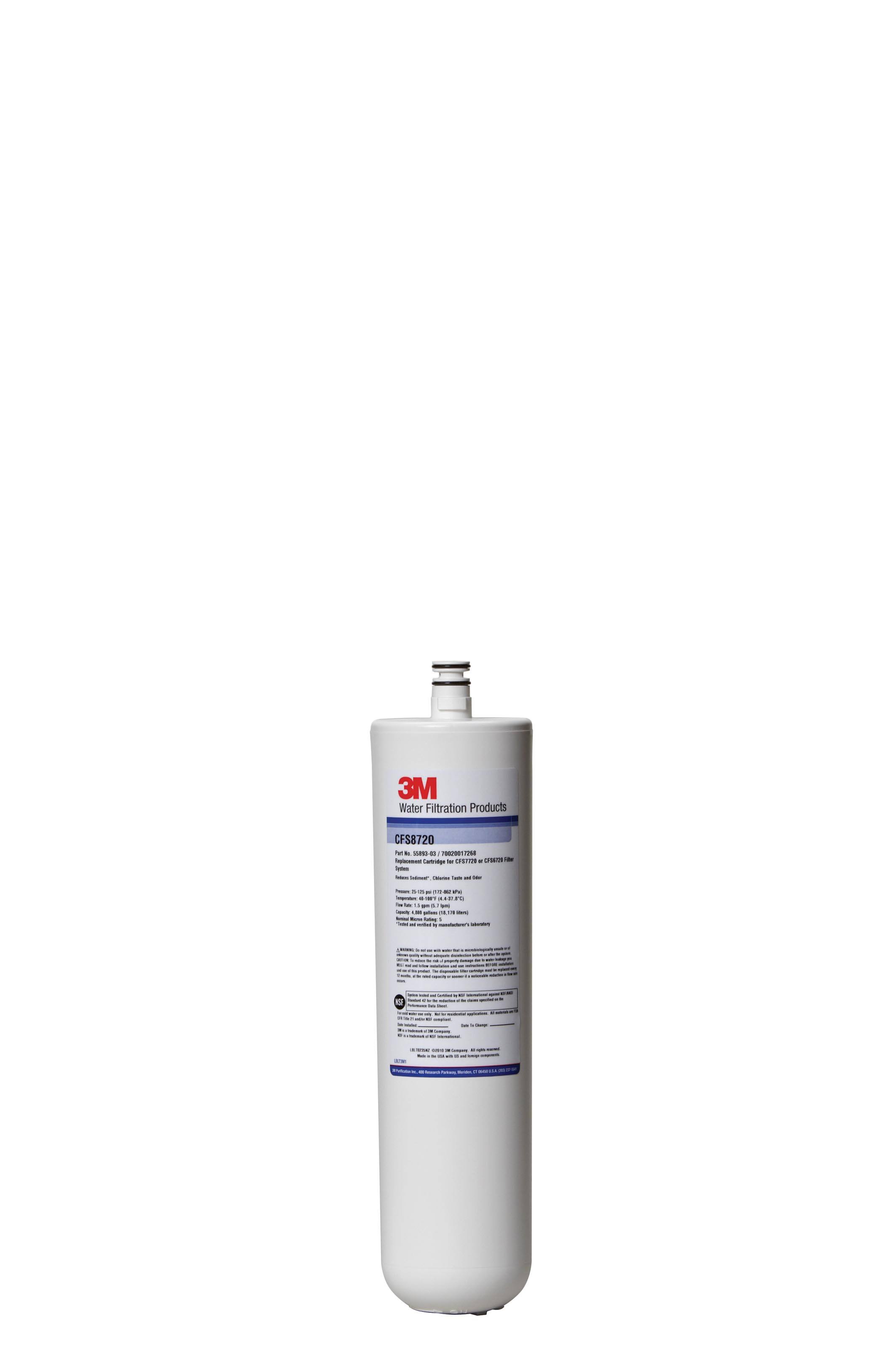 3M Water Filtration Products  
CFS8720  
Part No. 108880-02 / 78  
Replacement Cartridge  
Water Filtration System  
For 1-1/2" (38mm) ID  
Flow Rate: 1.5 GPM (5.6 LPM)  
Nominal Reduction: 5  
1,000,000 gallons (3,785,000 liters)  
Made in USA  
3M  
Water Filtration  
CFS8720  
Part No. 108880-02 / 78  
Replacement Cartridge  
Water Filtration System  
For 1-1/2" (38mm) ID  
Flow Rate: 1.5 GPM (5.6 LPM)  
Nominal Reduction: 5  
1,000,000 gallons (3,785,000 liters)  
Made in USA